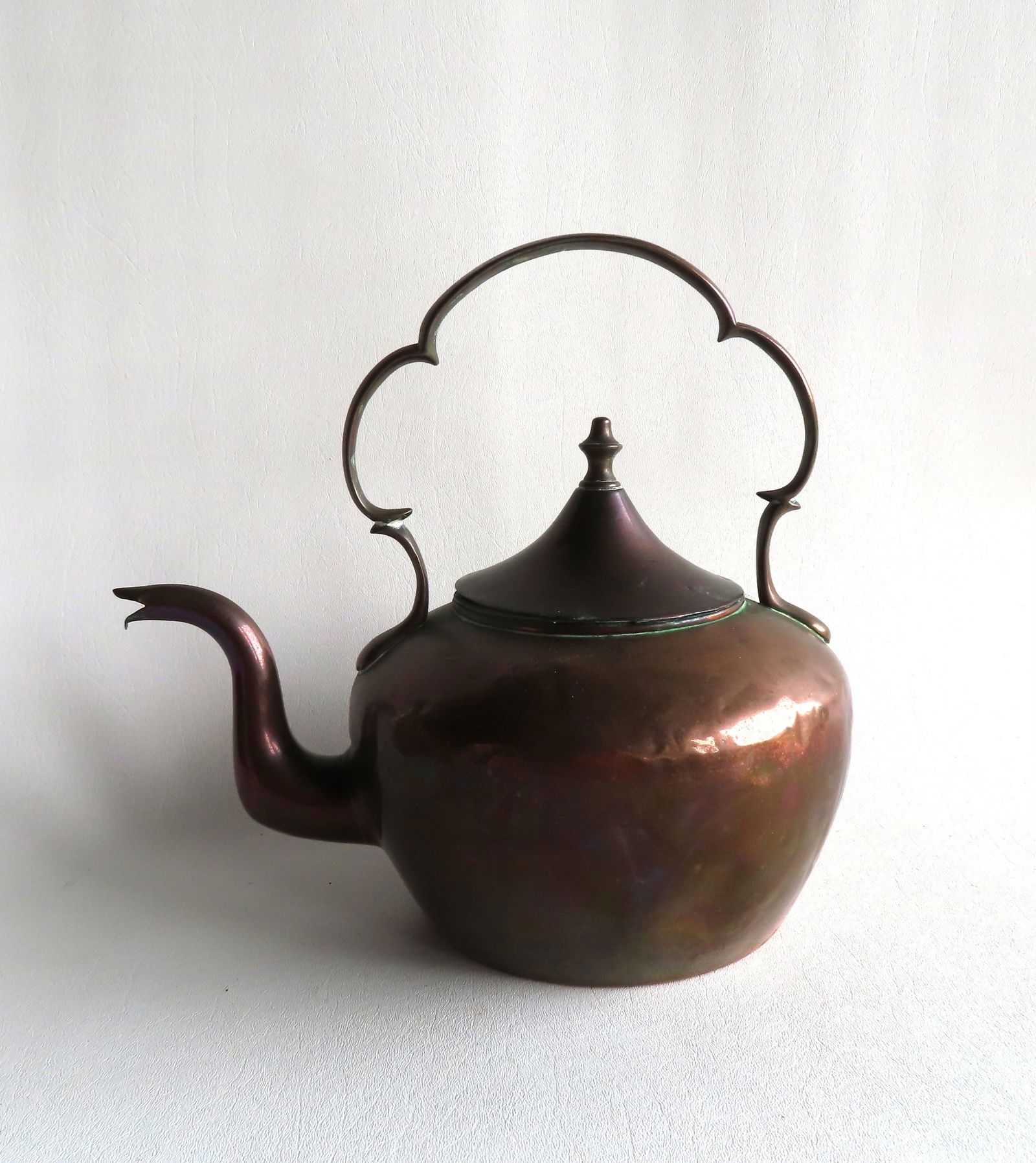A brass goose-neck tea kettle with shaped handle and dovetailed base and side, mid 19th century. (1 of 6)