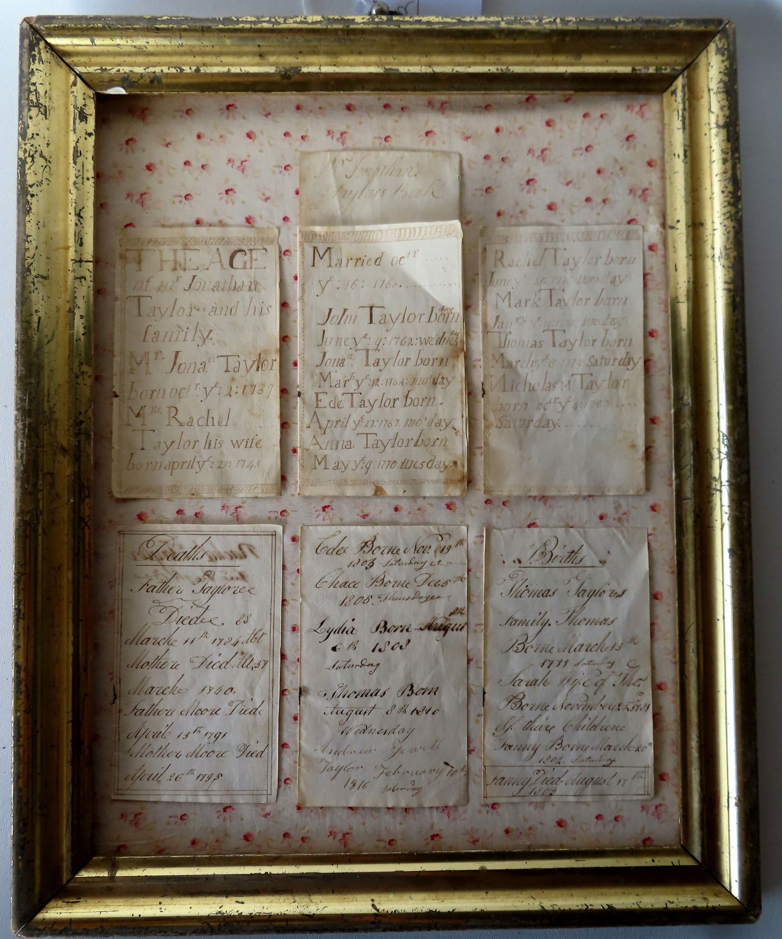 A grouping of 6 framed hand written pen and ink genealogy pages depicting the Taylor family history.: A grouping of 6 framed hand written pen and ink genealogy pages depicting the Taylor family history. The earliest entry inscribed "The age of Mr. Jonathan Taylor & Family / Mr. Jona Taylor born Oct. Y