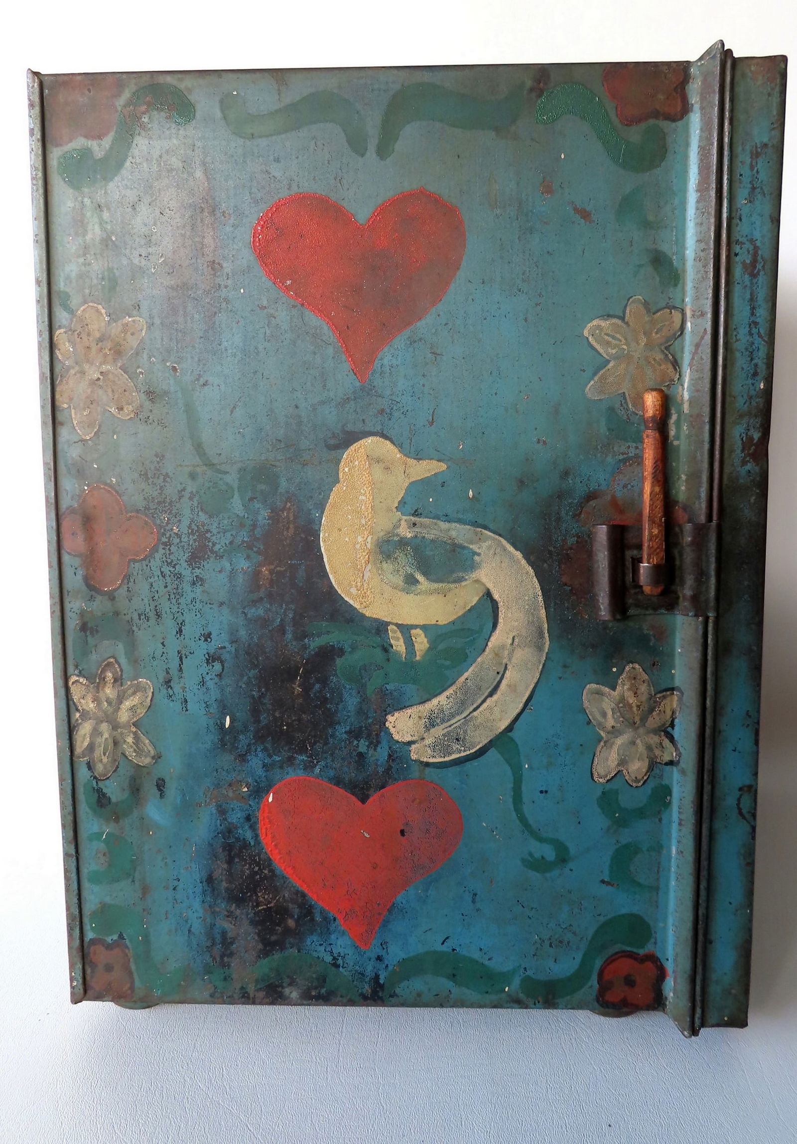A hand painted tin pie safe with 2 shelves in original blue paint with hand paintings on 3 sides (1 of 9)