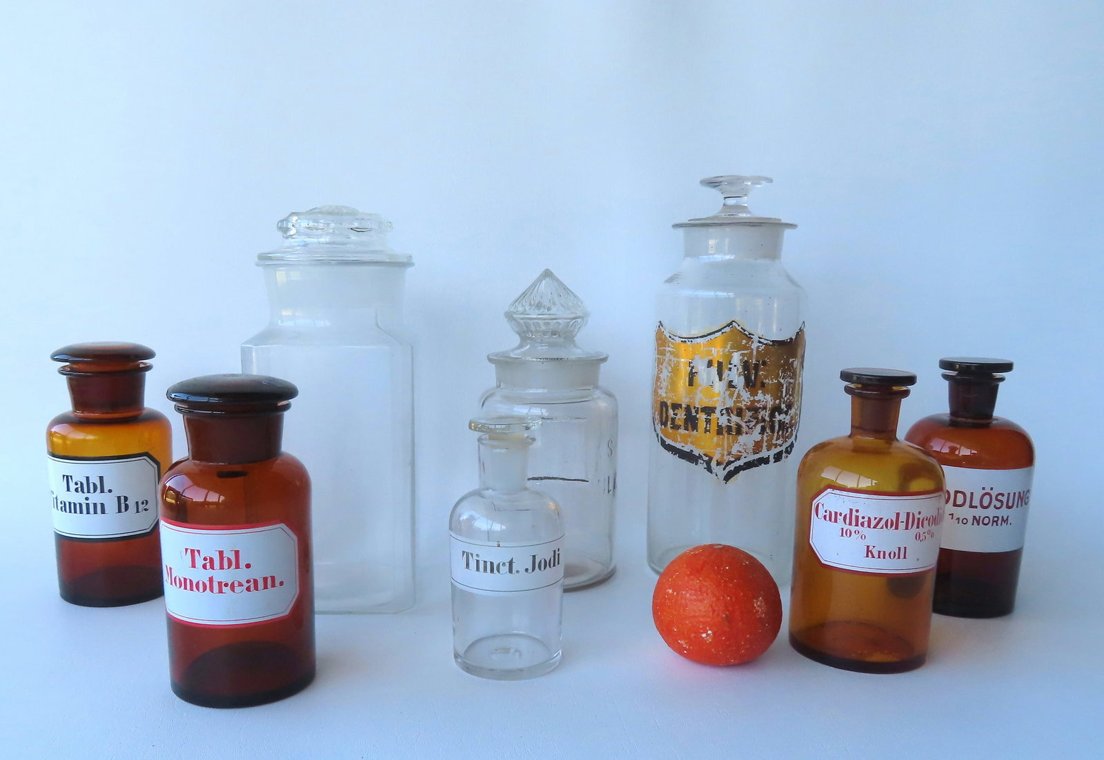 A grouping of 8 apothecary jars in various colors, some with original labels, 19th century, all in: A grouping of 8 apothecary jars in various colors, some with original labels, 19th century, all in very good condition with no damage. The largest 11 3/4". Provenance: From a Rochester NY estate, name