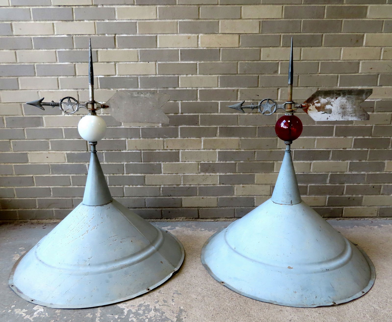 Two large tin barn unvented cupolas in old gray paint, funnel shaped, with attached cast aluminum (1 of 12)