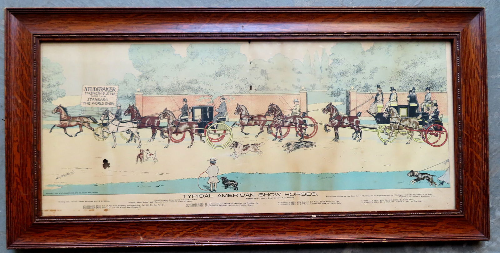 A framed Studebaker Bros. Manufacturing Co. chromolithograph advertising for horse drawn coaches,: A framed Studebaker Bros. Manufacturing Co. chromolithograph advertising for horse drawn coaches, copyright 1903 South Bend Indiana. Tear and small holes extending from top center and another small ho