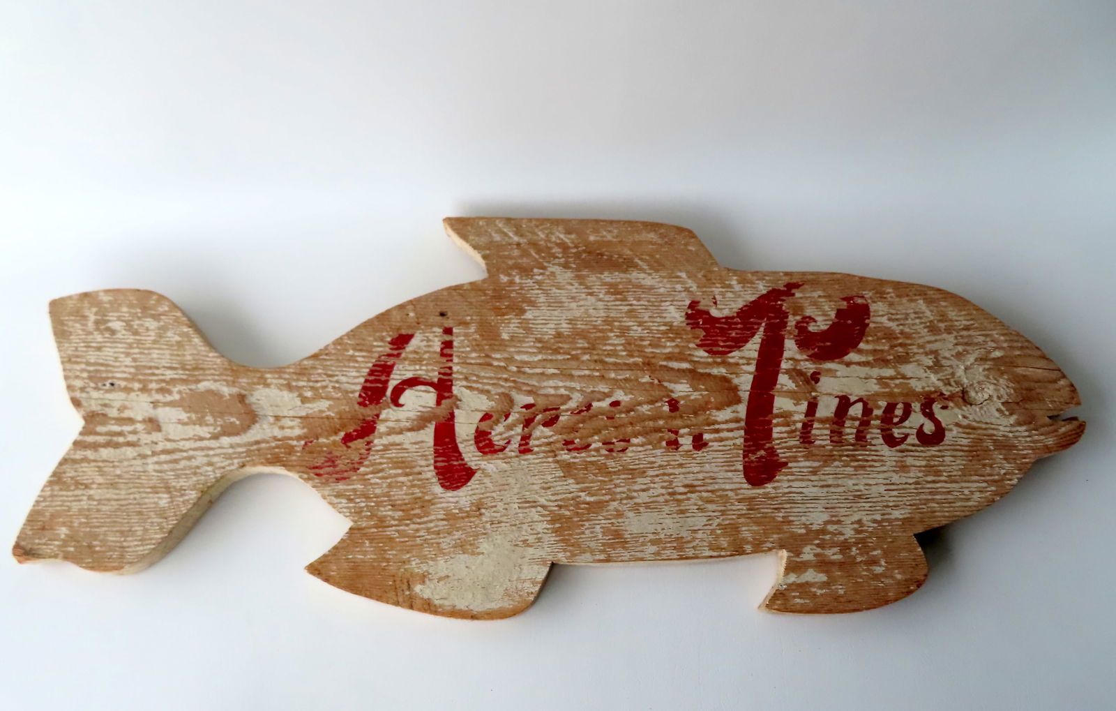 A primitive wooden sign in the form of a fish, original brown lettering over white ground that (1 of 5)