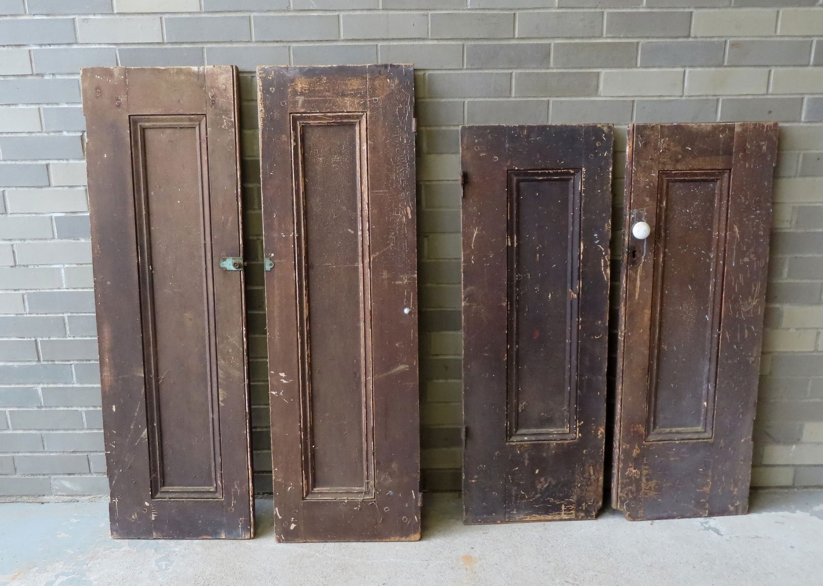Grouping of 4 matching paneled cupboard doors in 2 lengths, all grain painted on one side and layers (1 of 6)