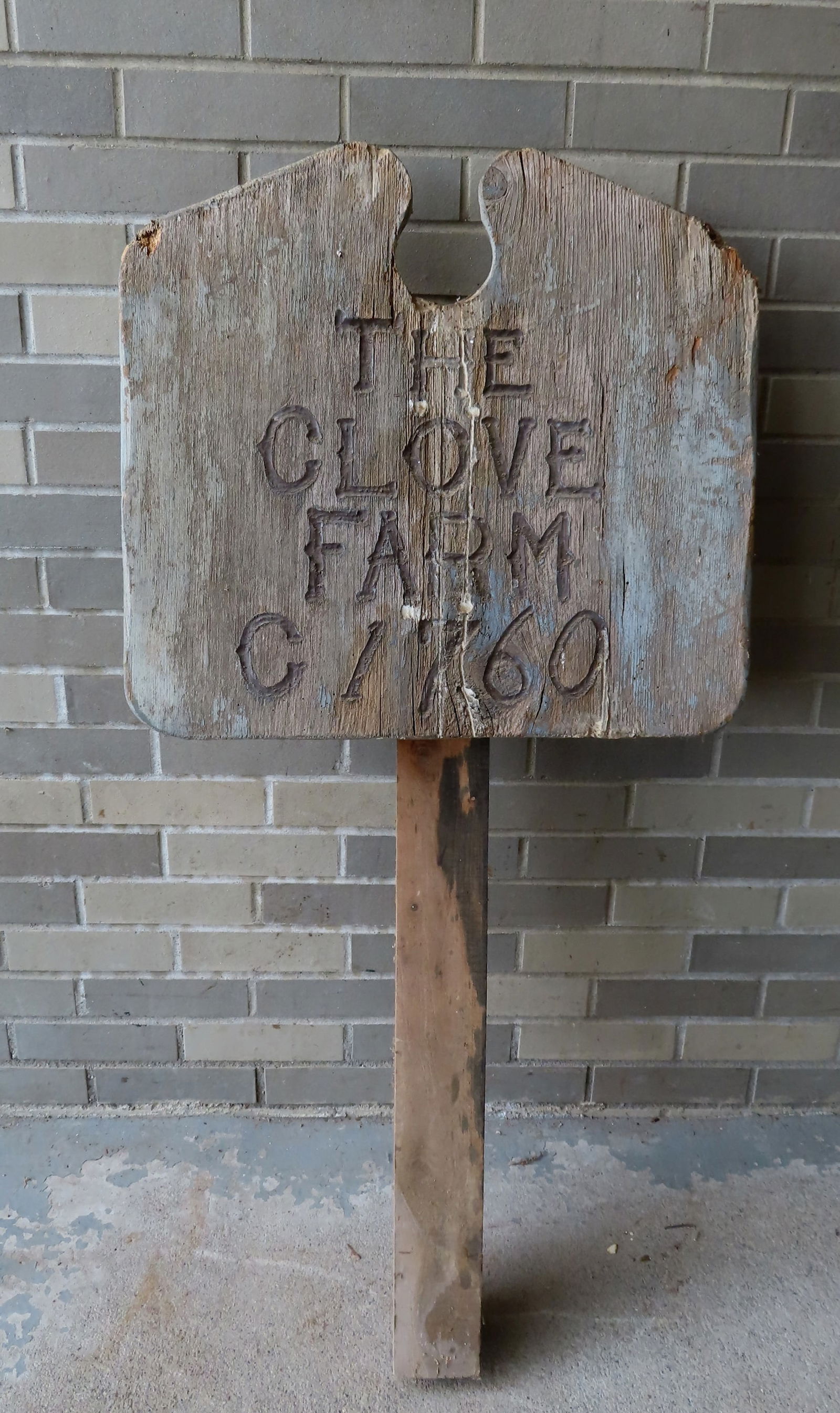 An old shaped wooden sign with chiseled inscription "THE CLOVE FARM C 1760", unsure of age but (1 of 2)