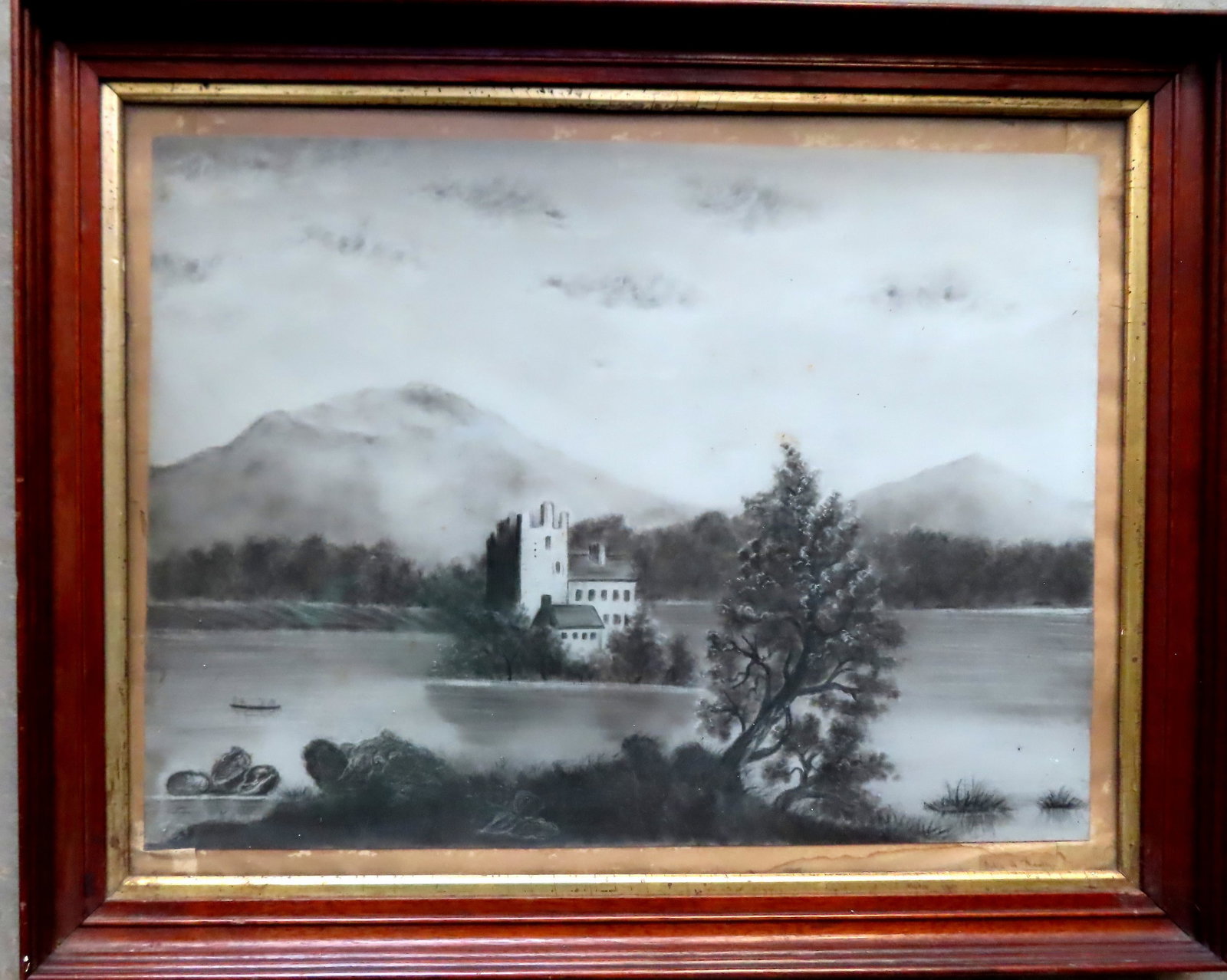 A Hudson Valley sandpaper drawing depicting an island with castle in river, possibly Bannerman's (1 of 4)
