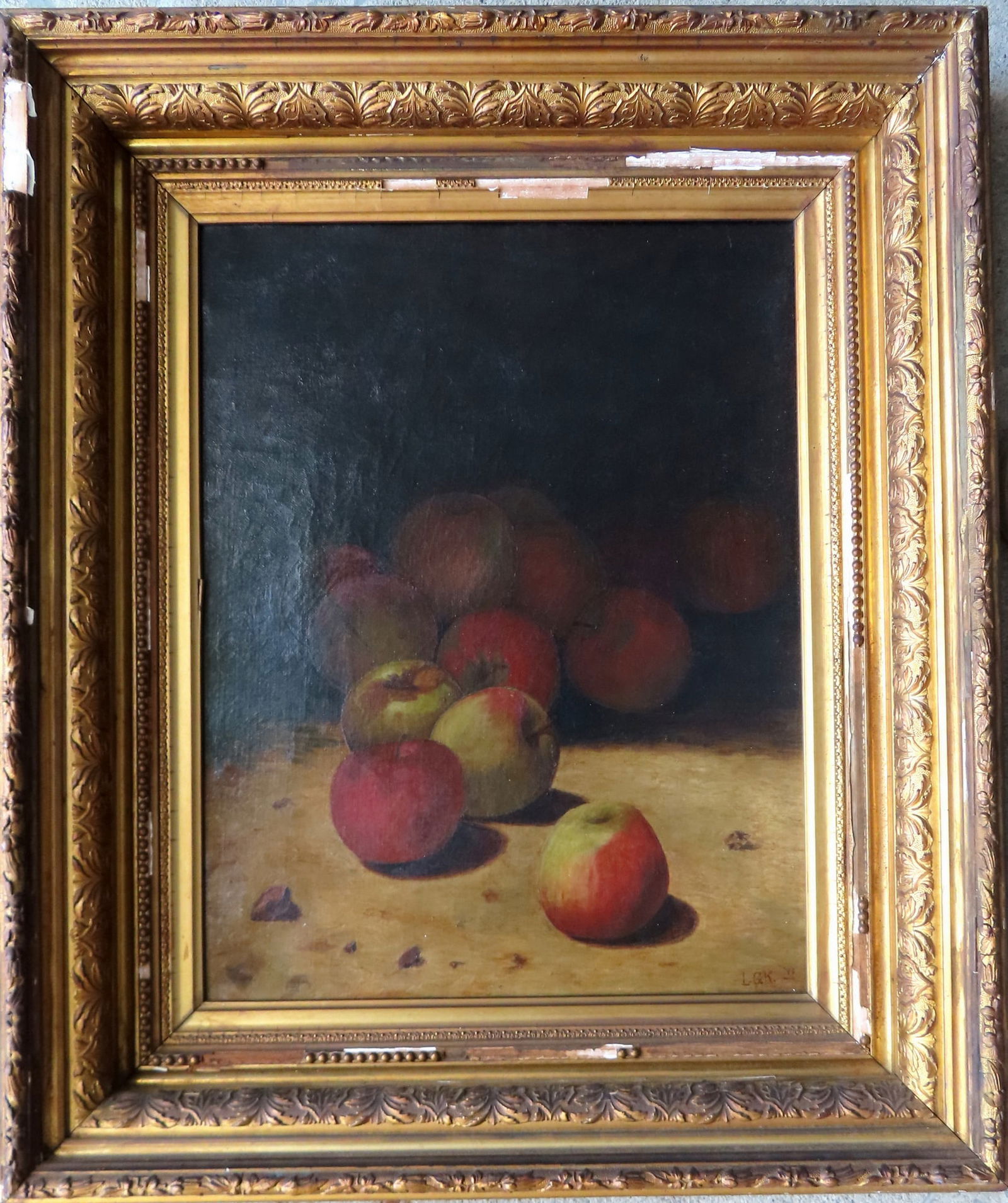 Large O/C Still life of apples, signed L.G.K. '90.  Housed in it's original gilt gesso frame with (1 of 6)