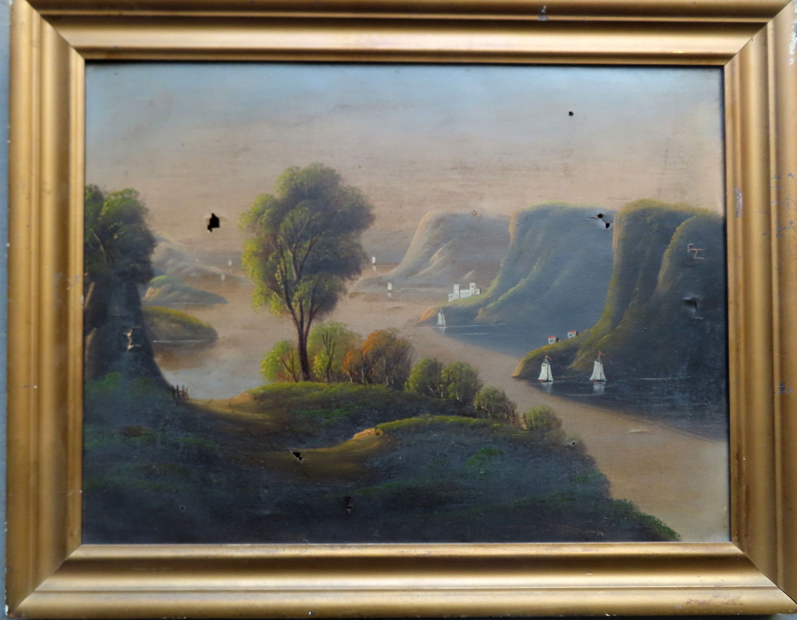 O/C Hudson River landscape similar to works of Thomas Chambers (New York 1808-1869). Scene depicts (1 of 5)