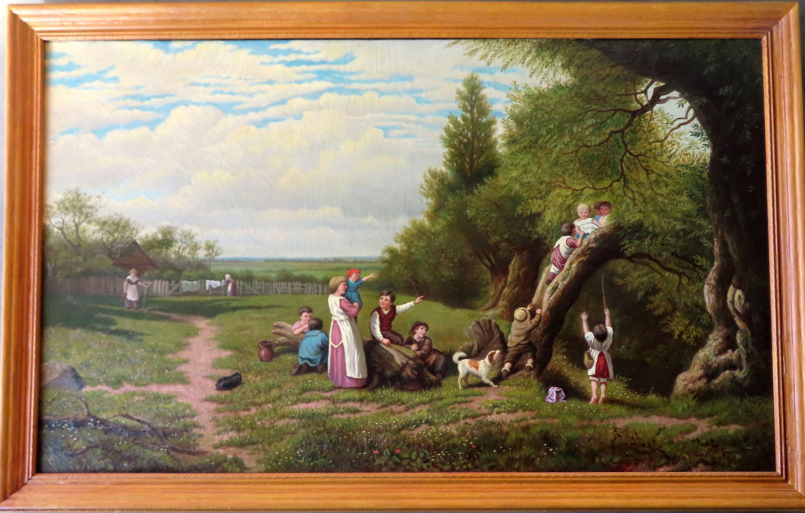 Large O/C Early American genre scene depicting a large family at play, early to mid 19th century, (1 of 10)