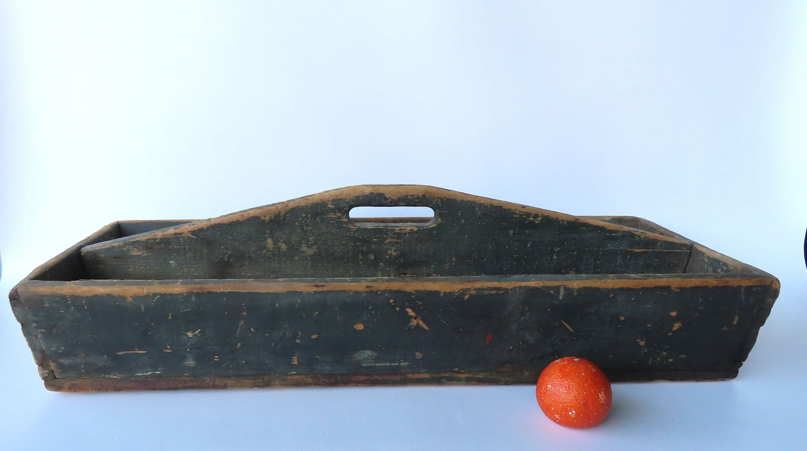A large primitive  hand carrying tool tray in original green paint initialed on side in black paint (1 of 6)