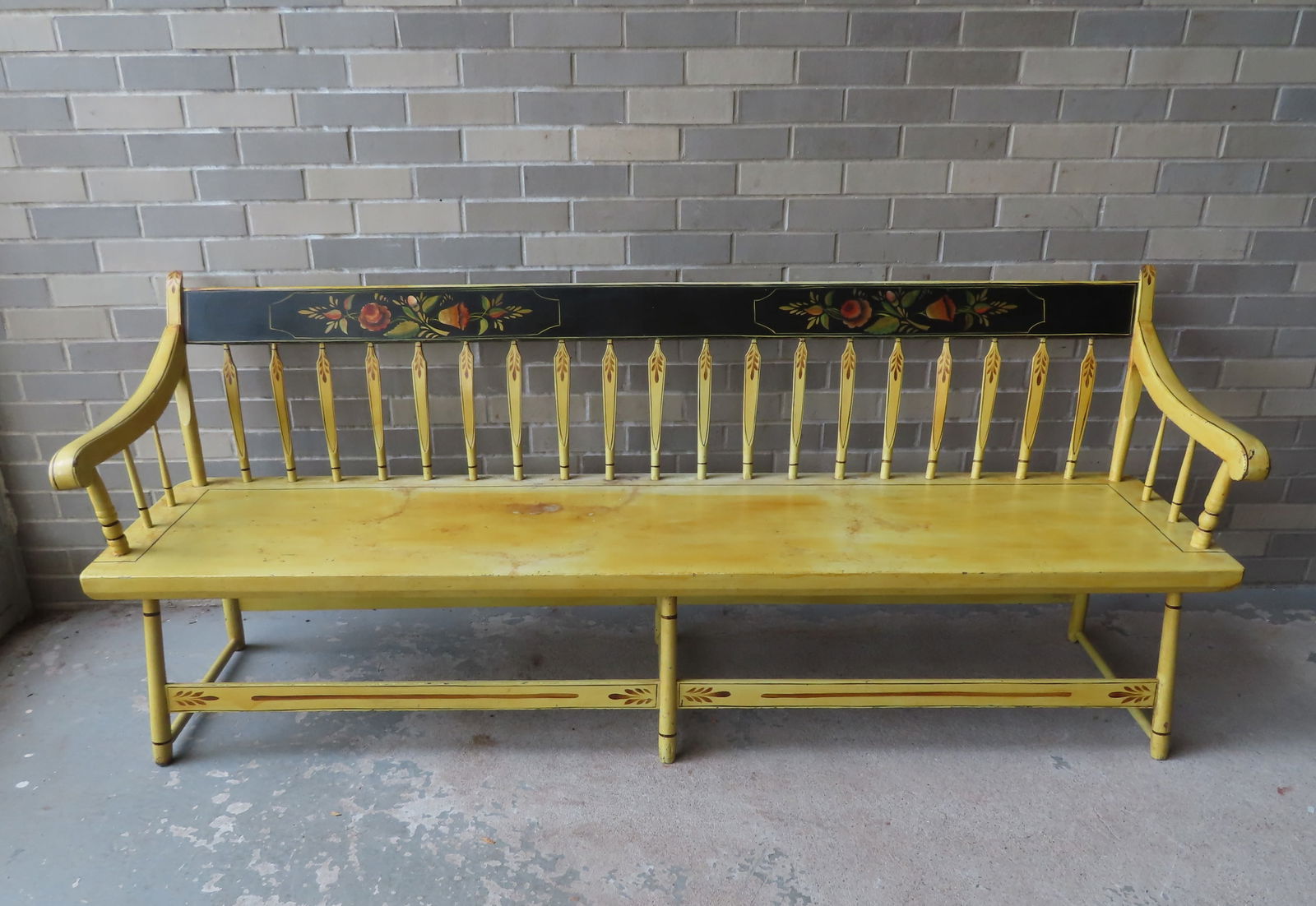 A beautiful Sheraton stenciled and hand painted spindle back bench with rabbit ears, circa 1800-20, (1 of 11)