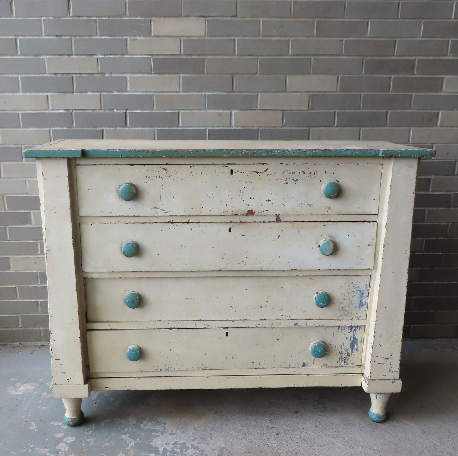 A primitive Maine chest of 4 drawers in graduated size, flanked by reverse tapered pilasters, (1 of 13)