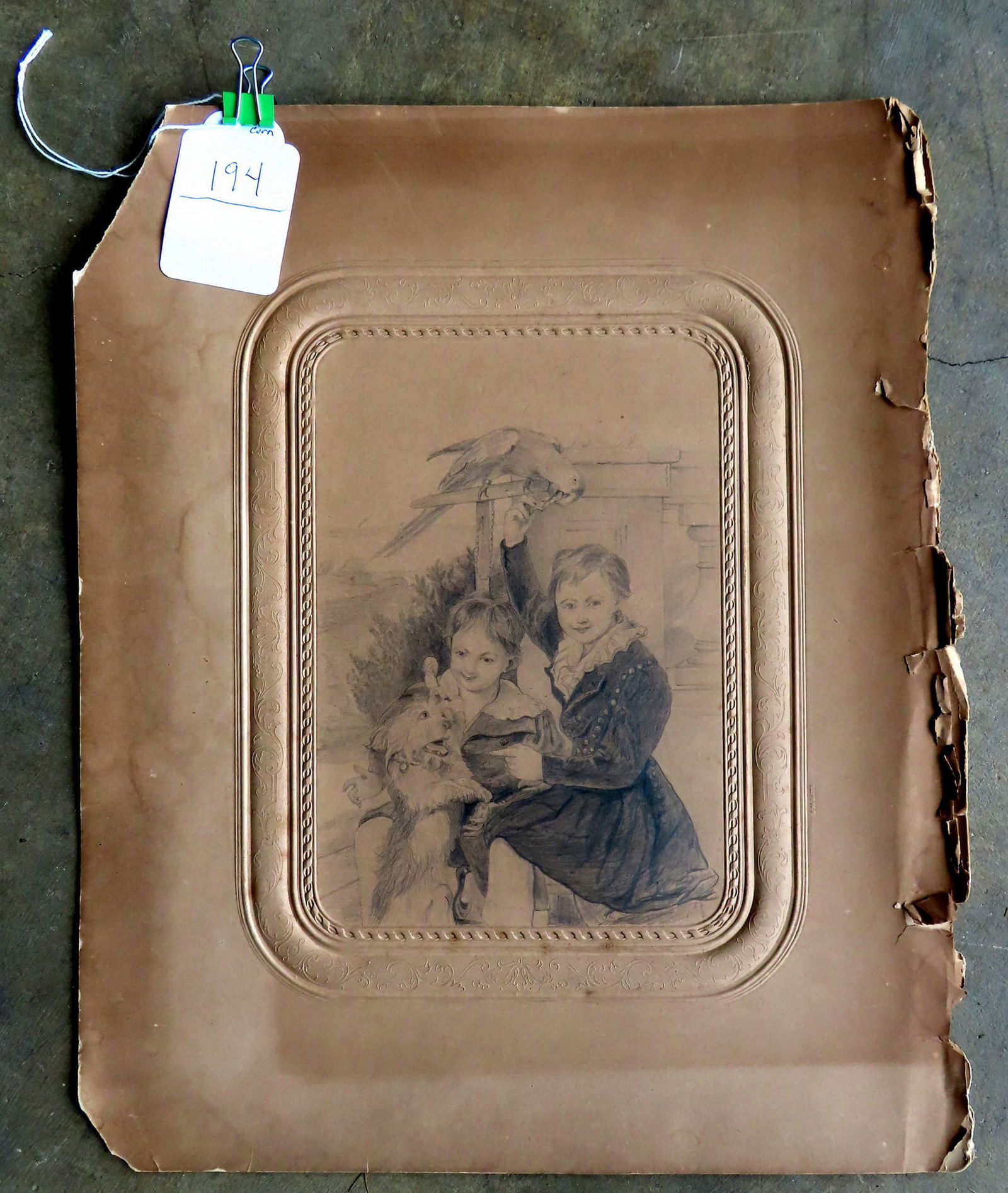 An unframed graphite drawing of 2 brothers with pets, 19th century. Scene depicts one boy feeding (1 of 3)