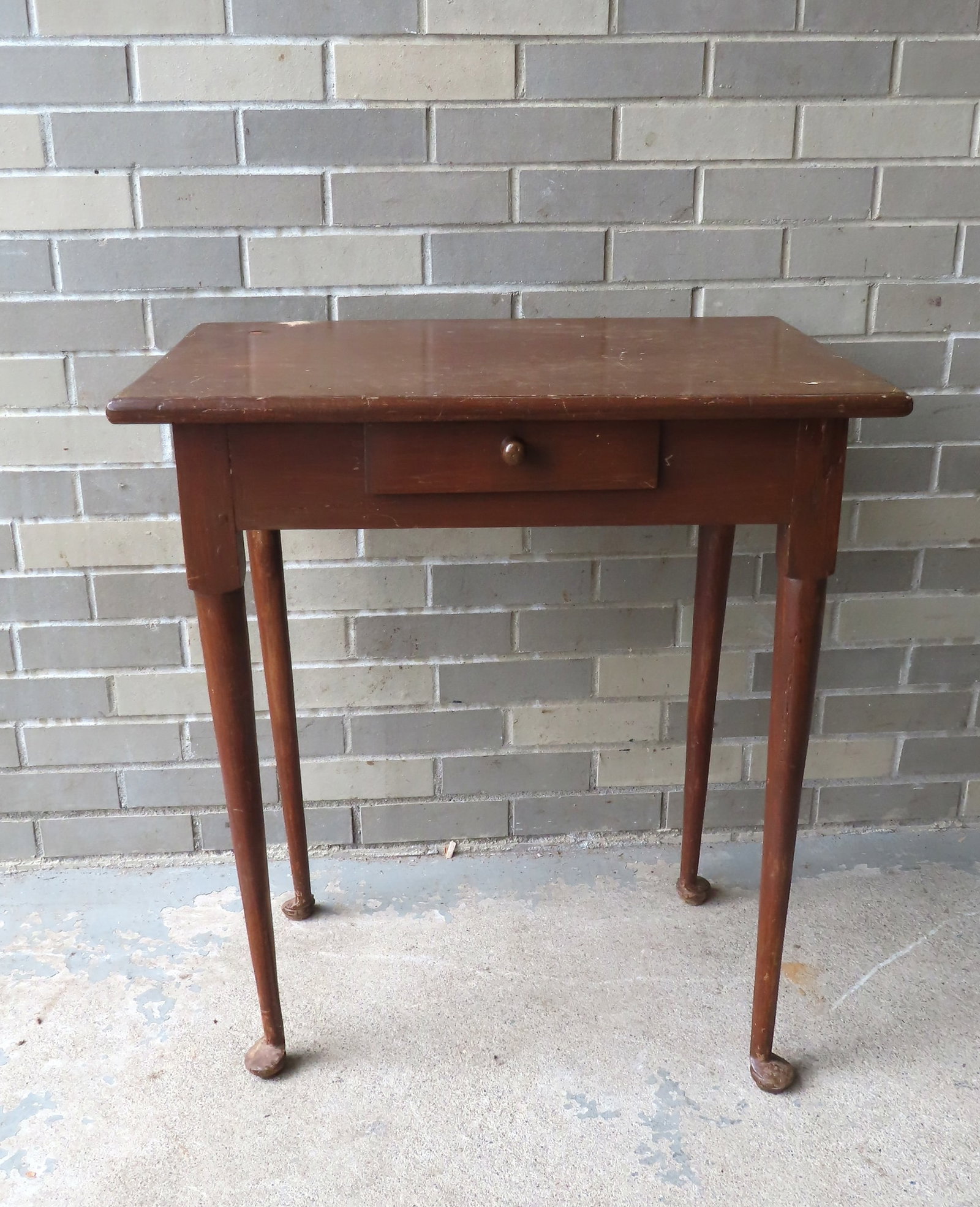 A restored Queen Ann single drawer work table with molded edge top, pegged construction, original (1 of 19)