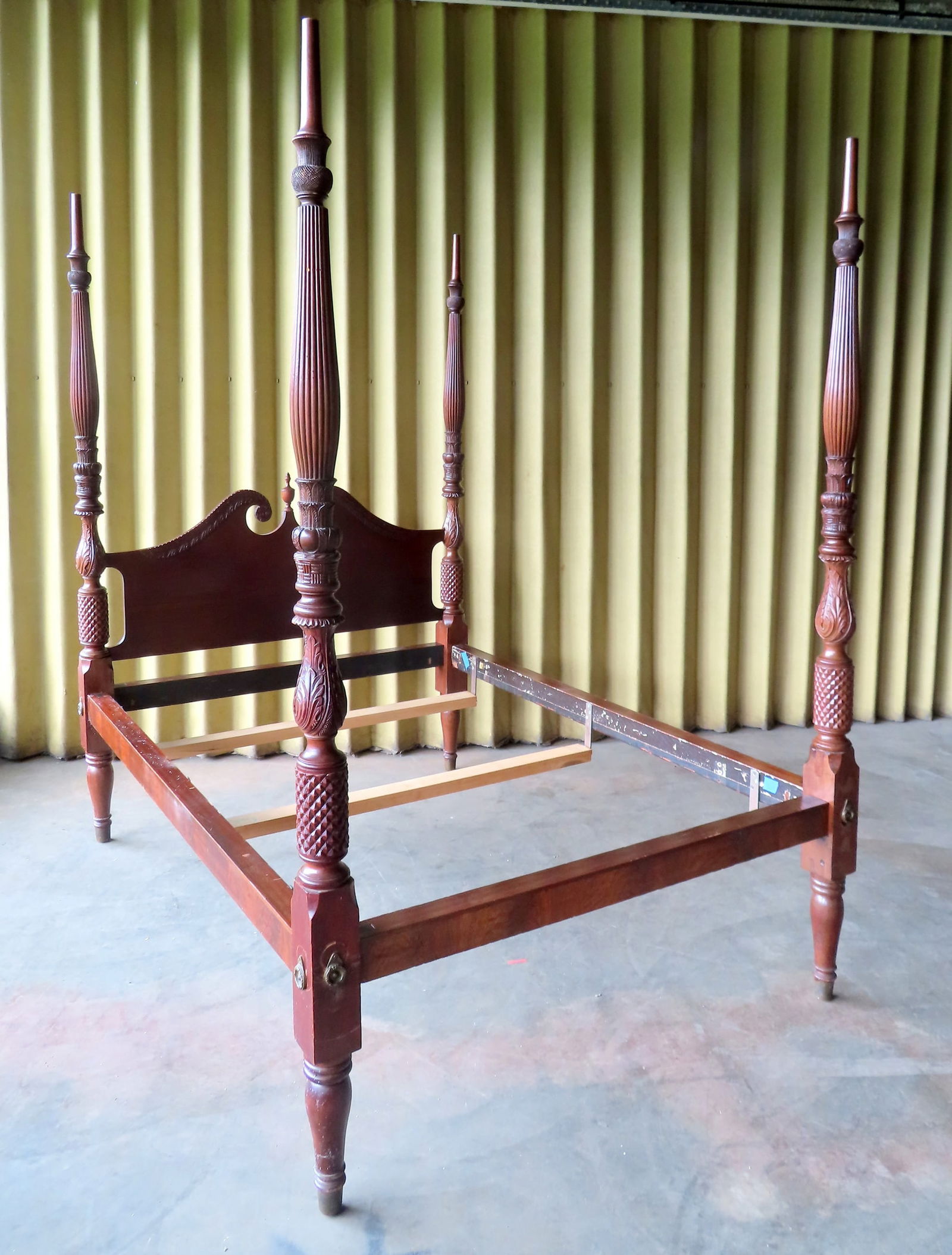 A Late Sheraton Heavily Carved Mahogany 4 Poster Bed. Each Post With