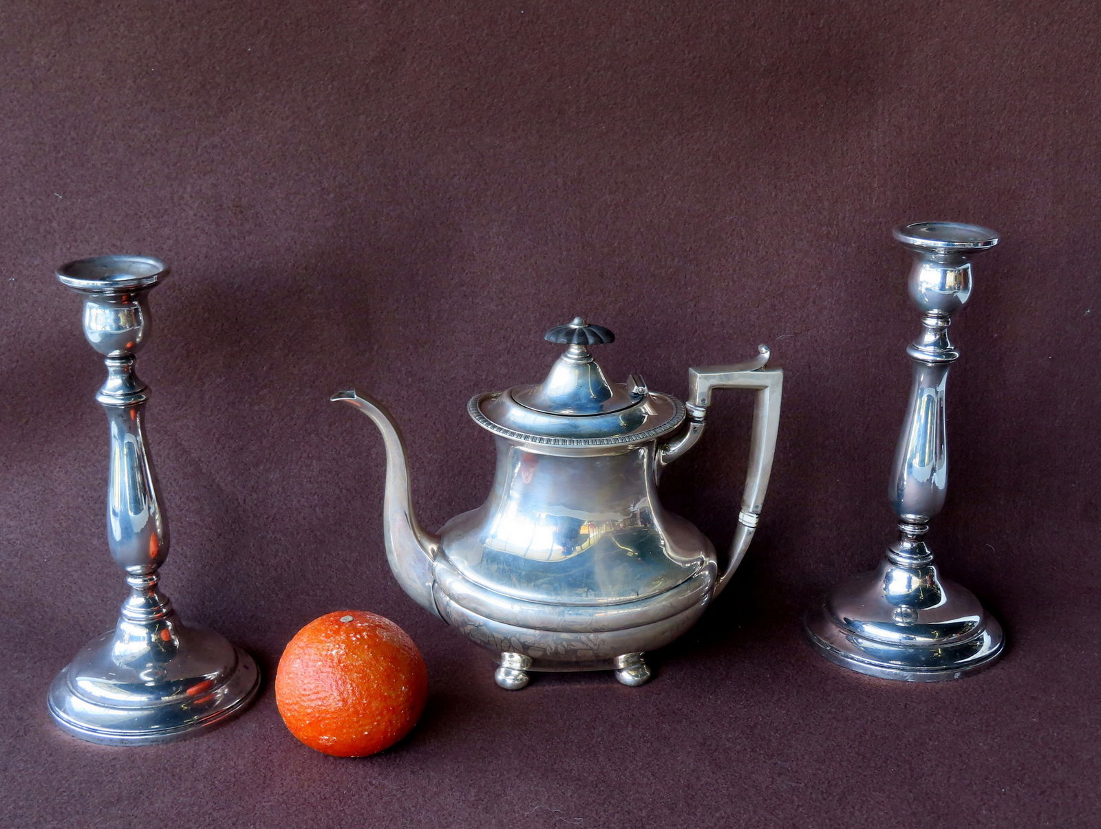 Three pieces of sterling silver including: A teapot - with engraved monogram - 9 1/2"W x 5"D x 8 (1 of 6)