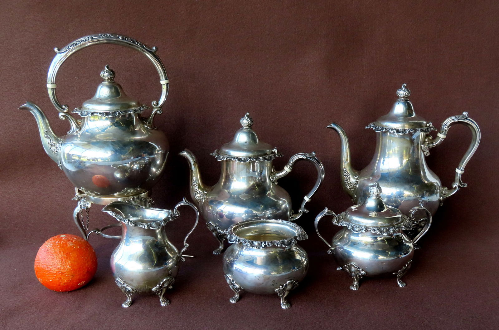A Gorham 6 piece sterling coffee and tea service with silver plated tray. (1 of 10)