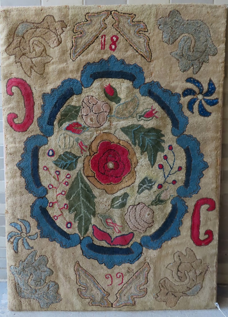 Large floral hooked rug, dated 1899 - professionally mounted for hanging on wall. Two small repairs (1 of 7)
