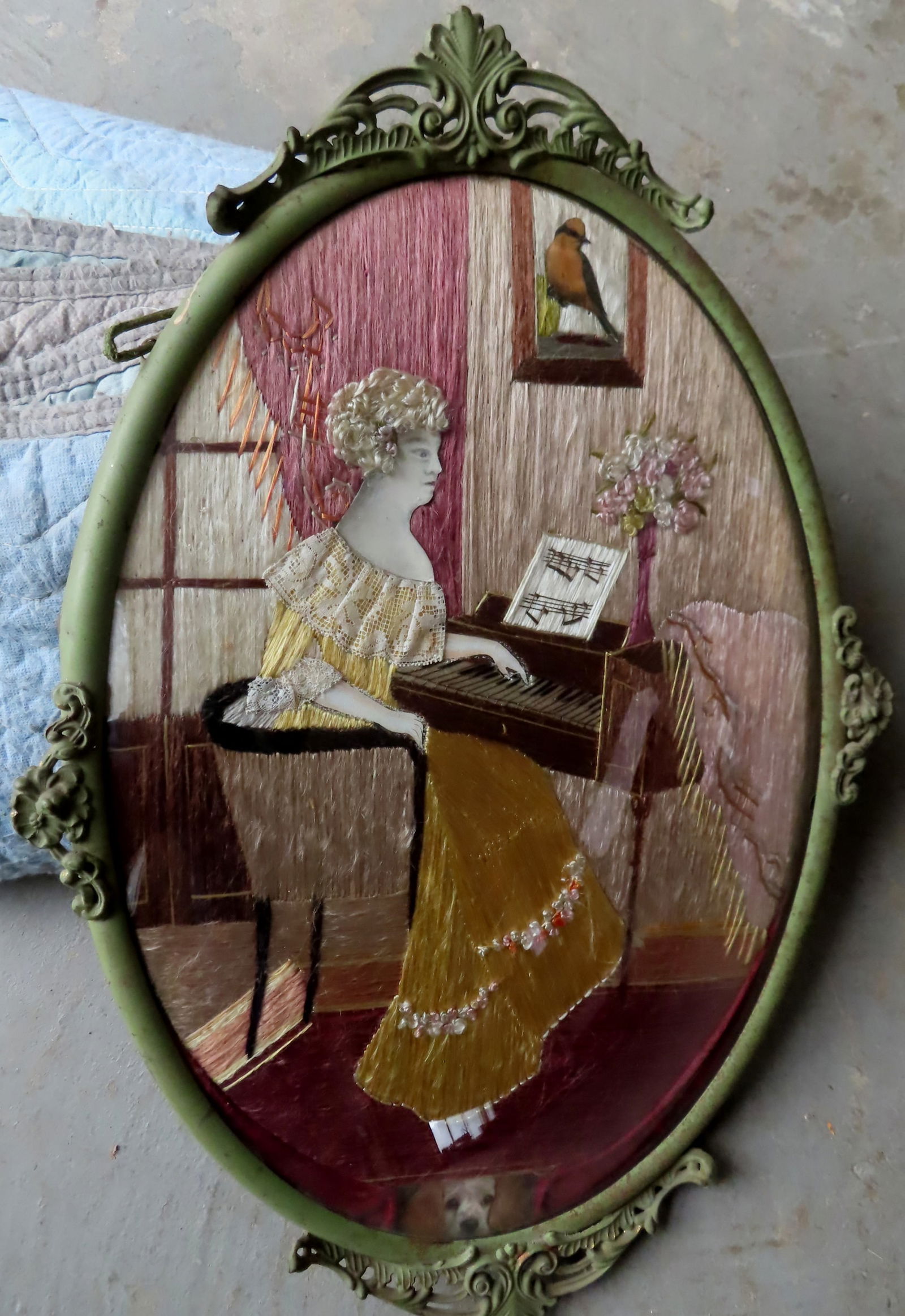 An unusual Edwardian silk work picture of lady seated at piano (her face appears to be hand drawn in (1 of 5)