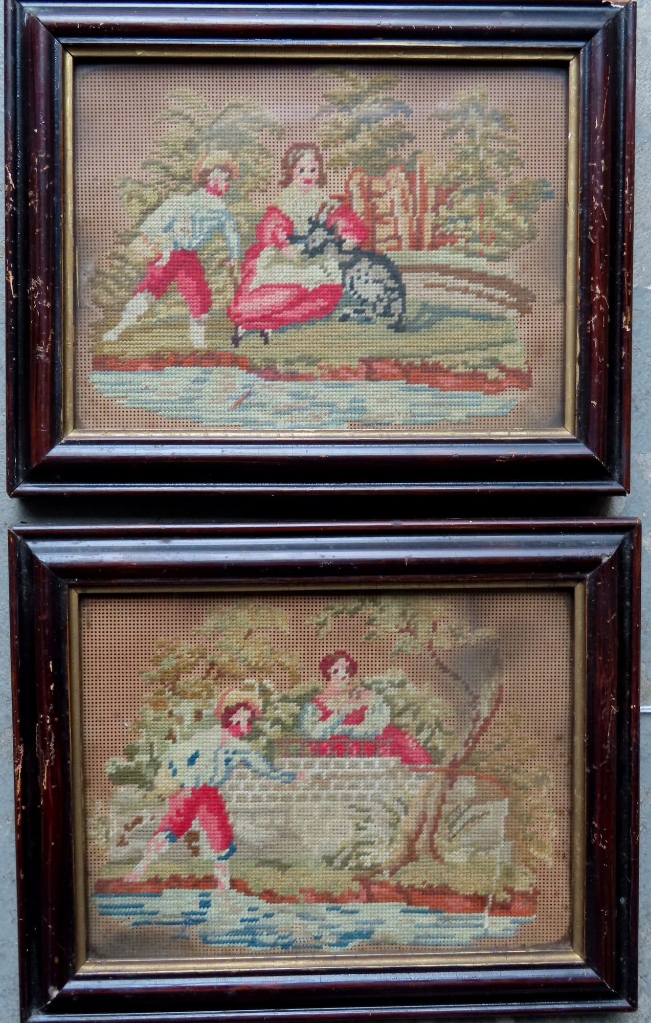 A pair of matching needlepoint wool-work pictures, hand sewn into paper patterns, circa 1850-60. The (1 of 4)