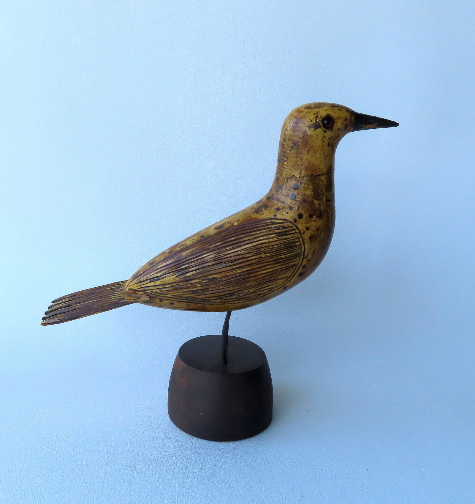A very fine carved bird on stand, with incised and paint decorations, probably mid 20th century, (1 of 8)