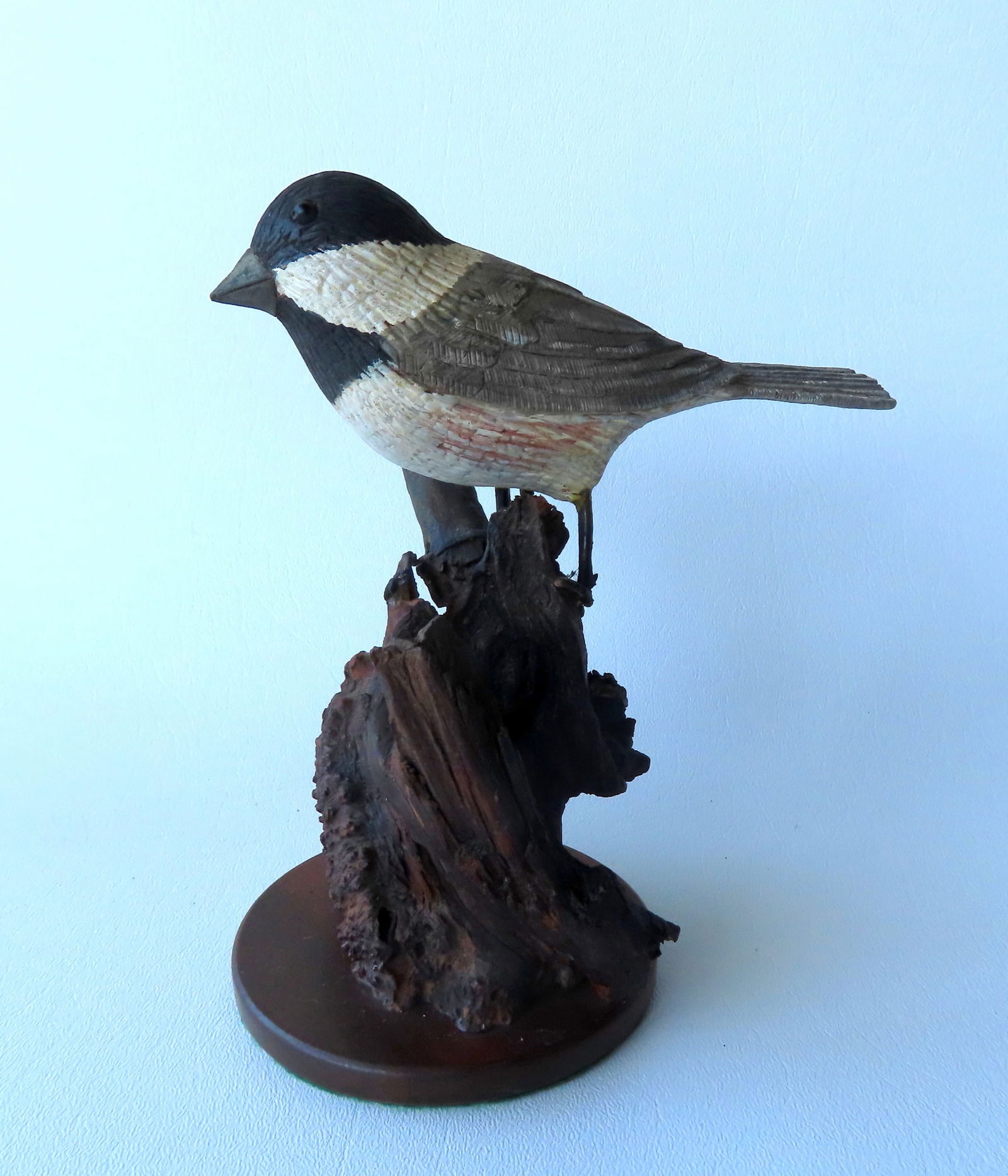 Carved and hand painted wooden Chickadee bird,  mounted on natural tree branch setting, circa 1940 (1 of 7)