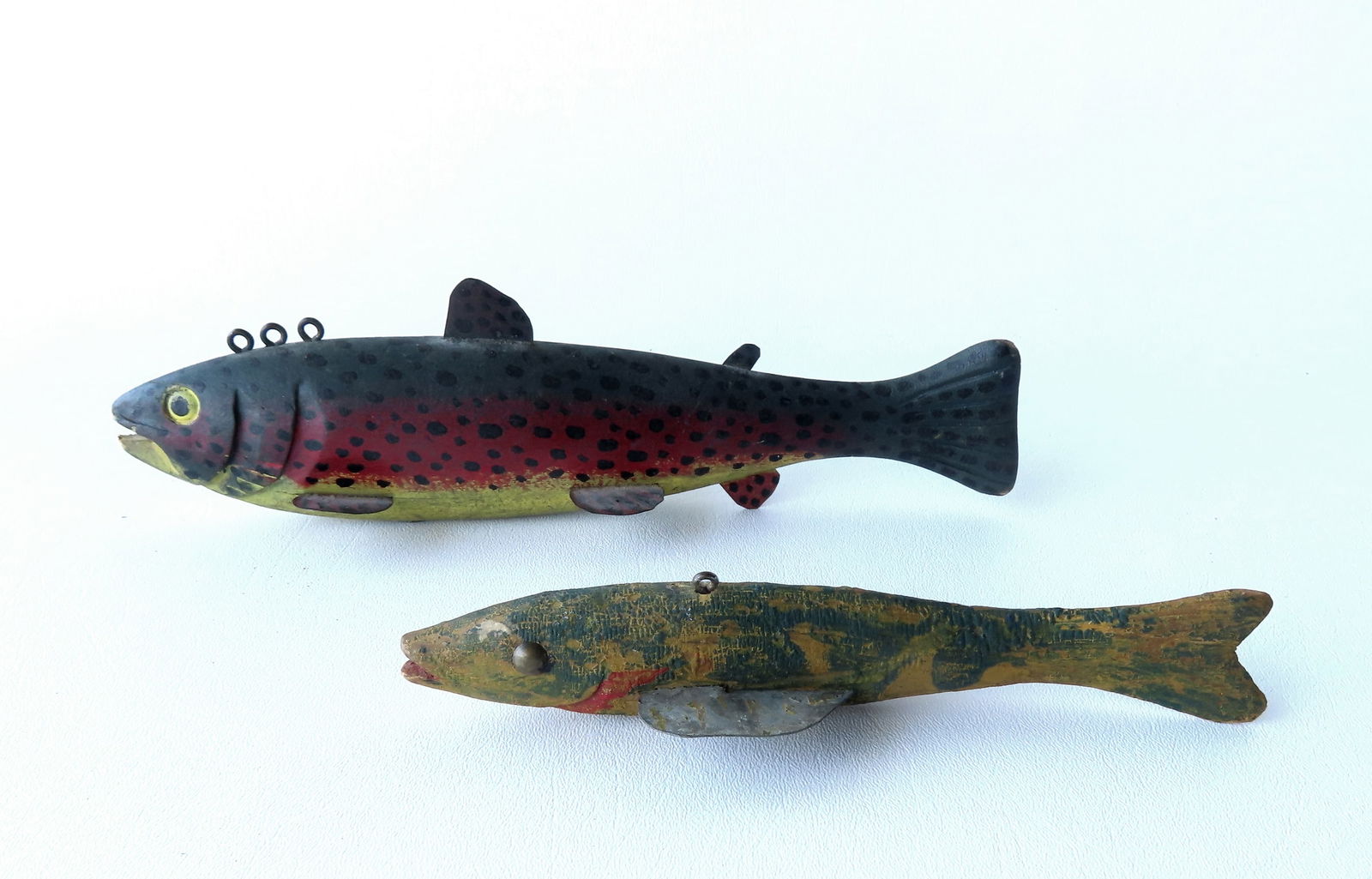 Two good ice carved wooden fishing decoys in original paint,  including  a trout - 11"L and a yellow (1 of 13)