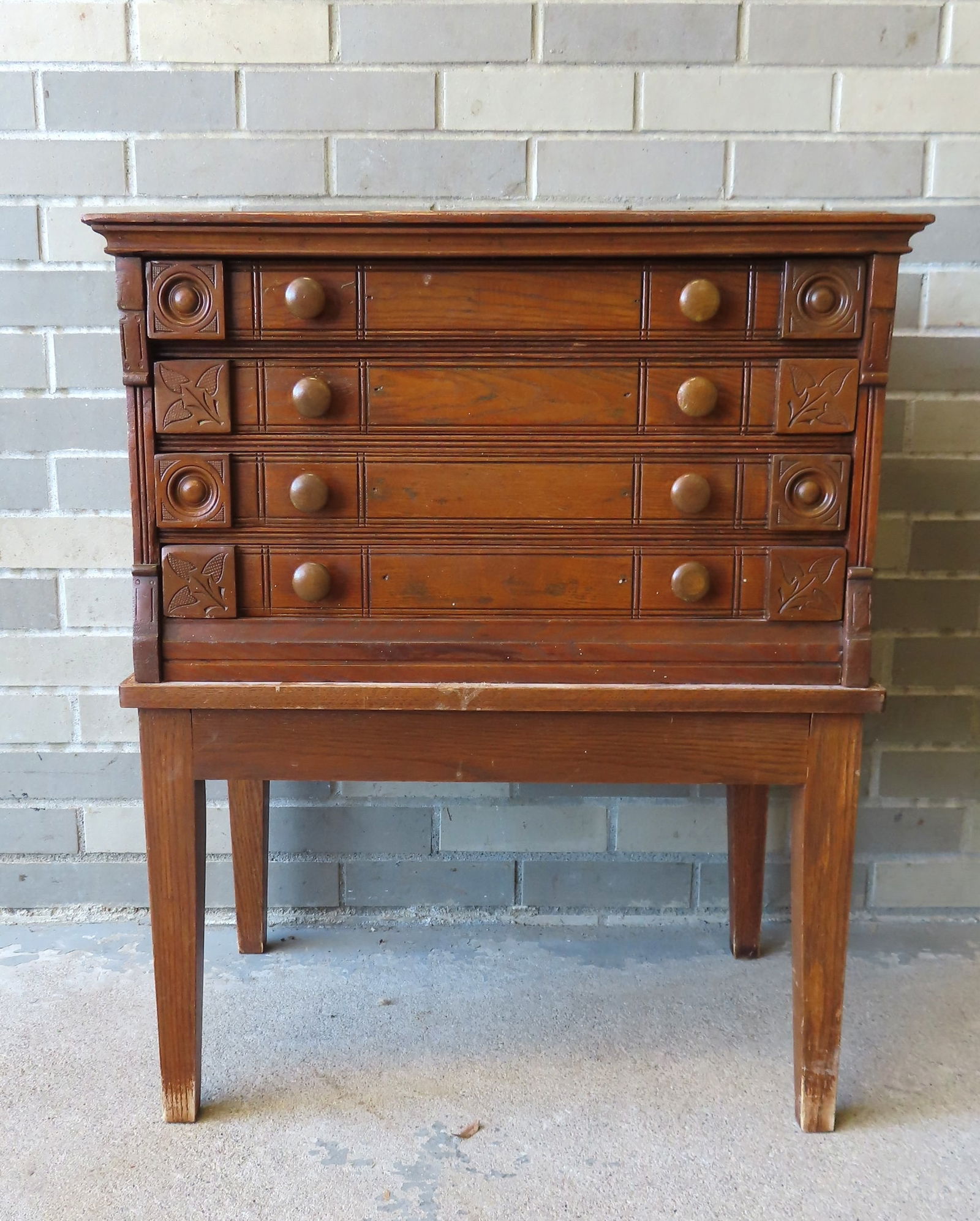 An oak 4 drawer spool cabinet, refinished and in very good condition, mounted on a custom made (1 of 12)