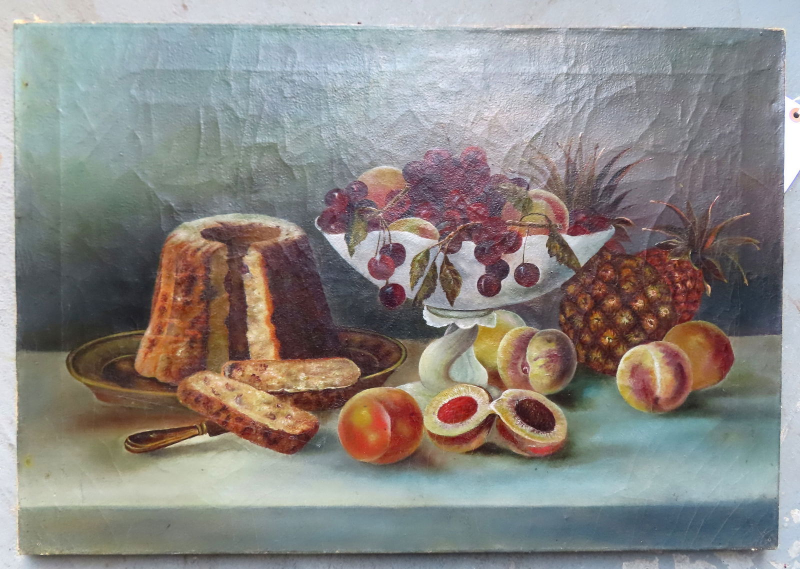 O/C Still life of fruit in compote on table adjacent to other fruit and a sliced cake, mid 19th (1 of 3)
