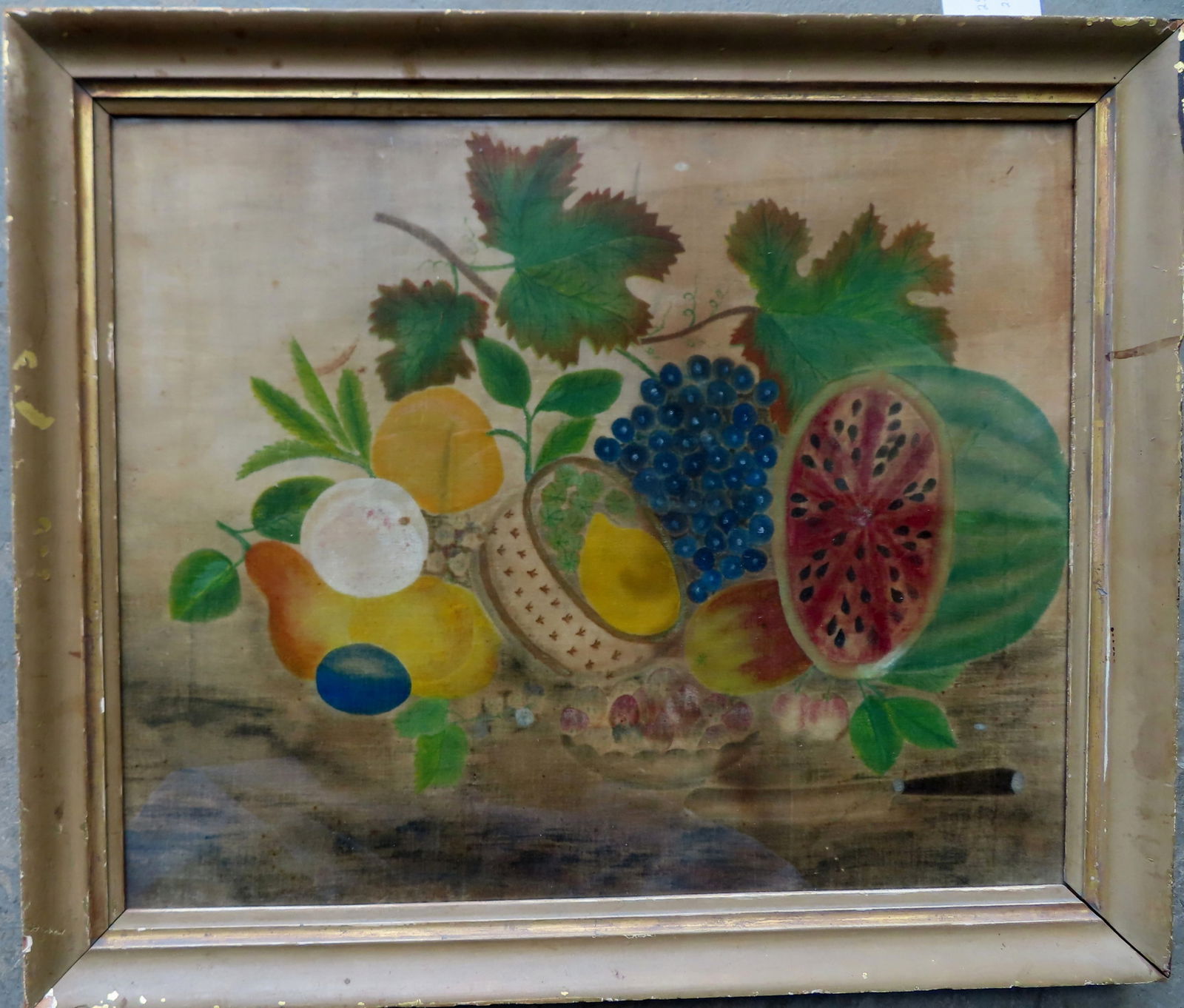A wonderful and colorful folk art theorem on velvet of various fruits including watermelon, peaches, (1 of 5)