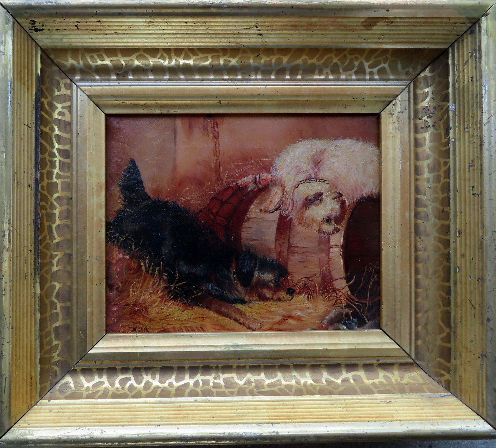 O/C Portrait of  2 dogs waiting at opening of barrel seemingly for animal to emerge, signed "N.H.W." (1 of 5)