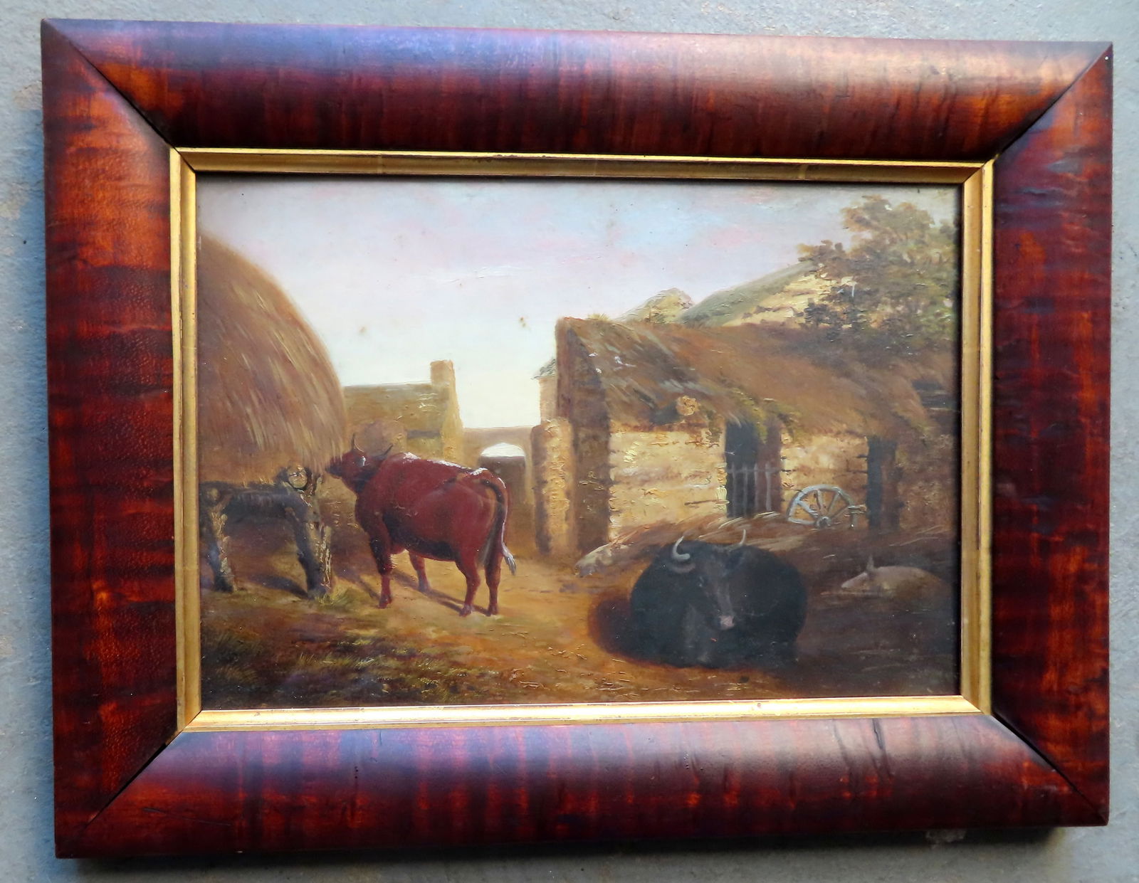 O/B Barnyard scene depicting feeding and resting cattle and a pig, mid 19th century. Housed in a (1 of 5)