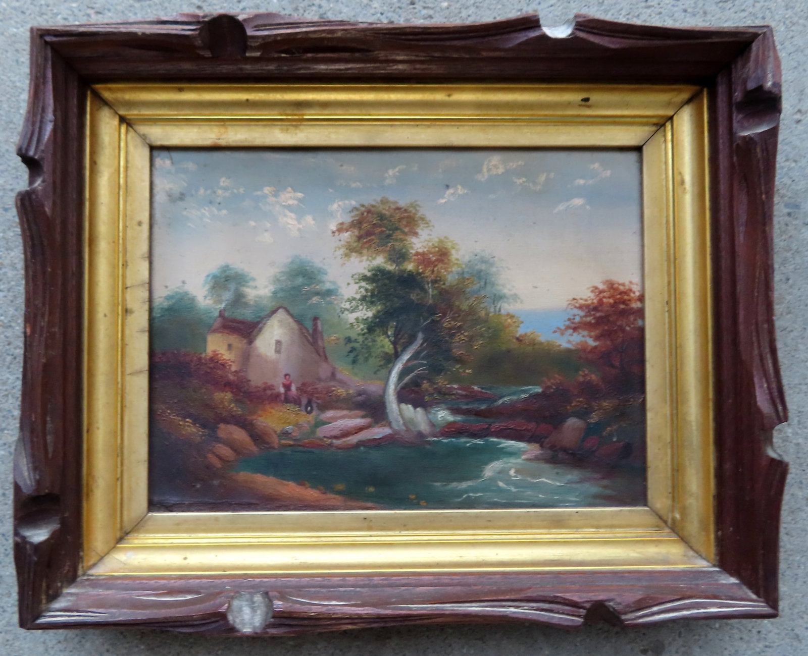 O/C Country landscape with farmhouse and lady boarding stream, 19th century, housed in original: O/C Country landscape with farmhouse and lady boarding stream, 19th century, housed in original black walnut frame - both frame and painting in good condition. Total frame size 12 1/4" x 10 1/2" - str