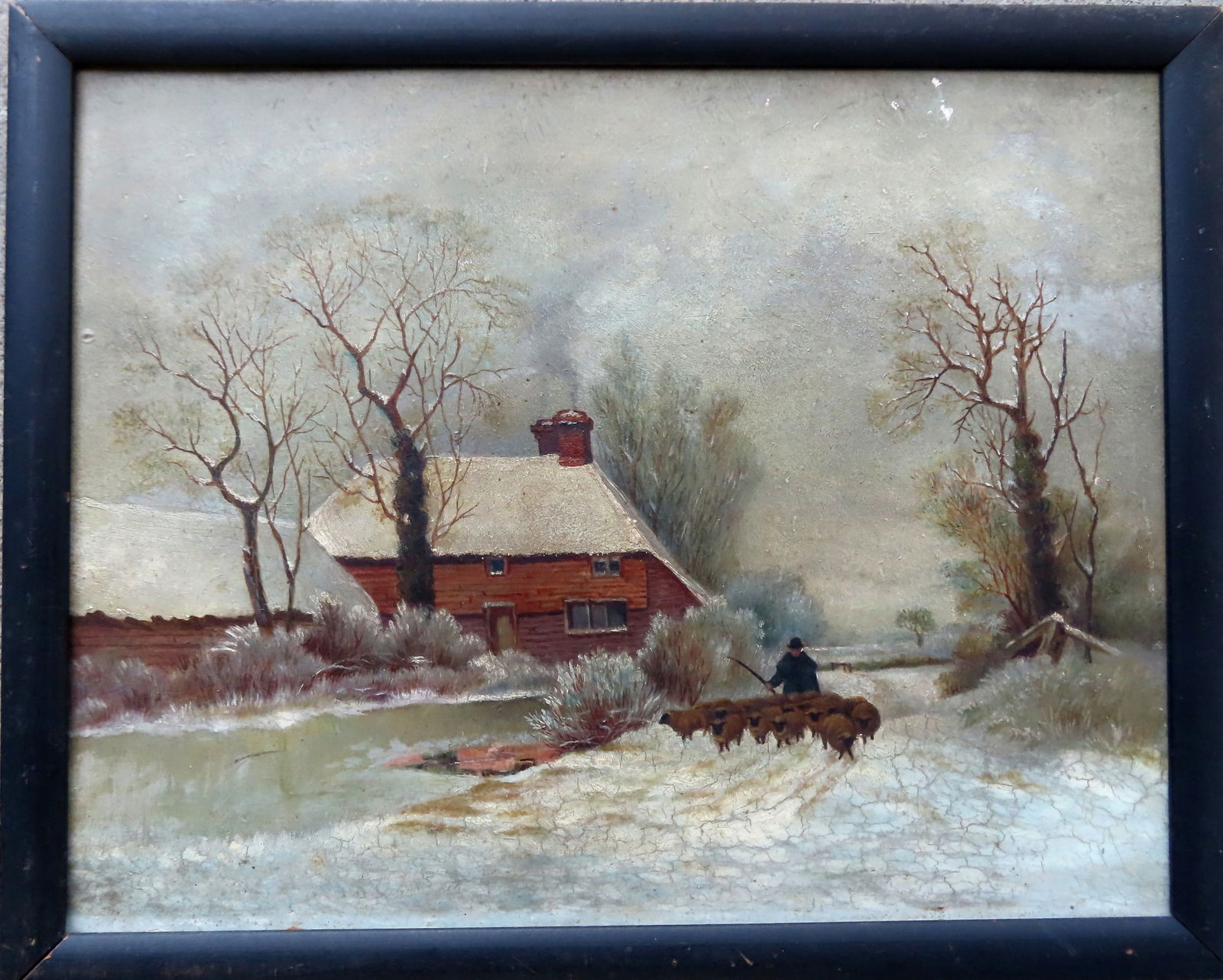 O/B Winter landscape depicting snow covered house and barn and shepherd walking sheep down country (1 of 4)