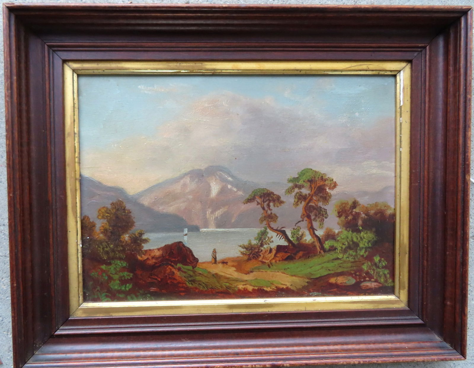 O/B Country landscape depicting lady walking dog on path leading to lake with mountains in (1 of 5)