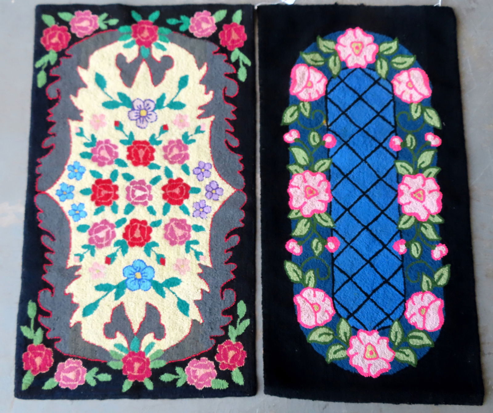 Two floral hooked rugs, circa 1950, both in very good condition. The first measures 51" x 27" and (1 of 8)