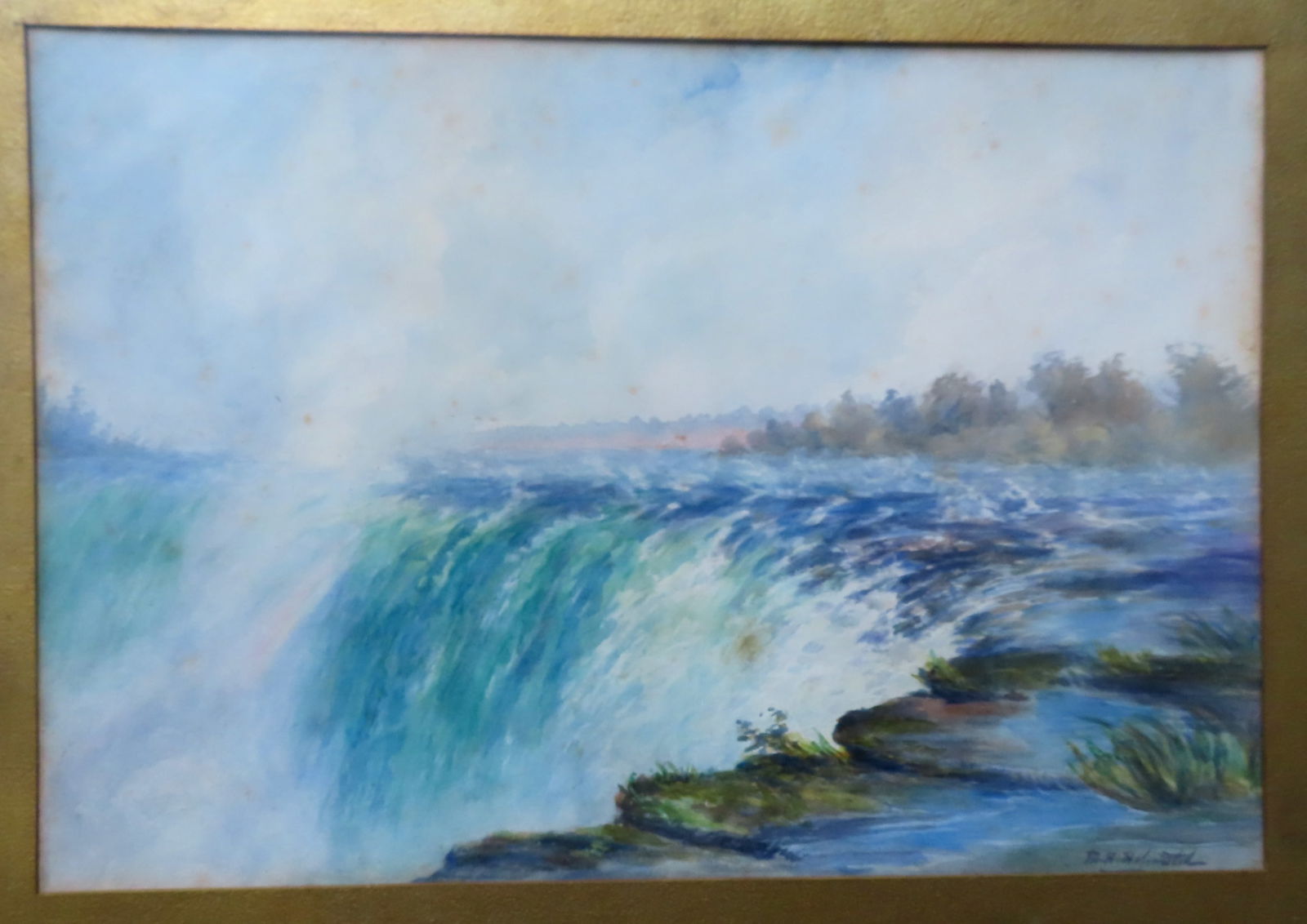 Large W/C of waterfalls,  possibly Niagara, signed M.H. Holmsted, late 19th century. The artwork in (1 of 3)