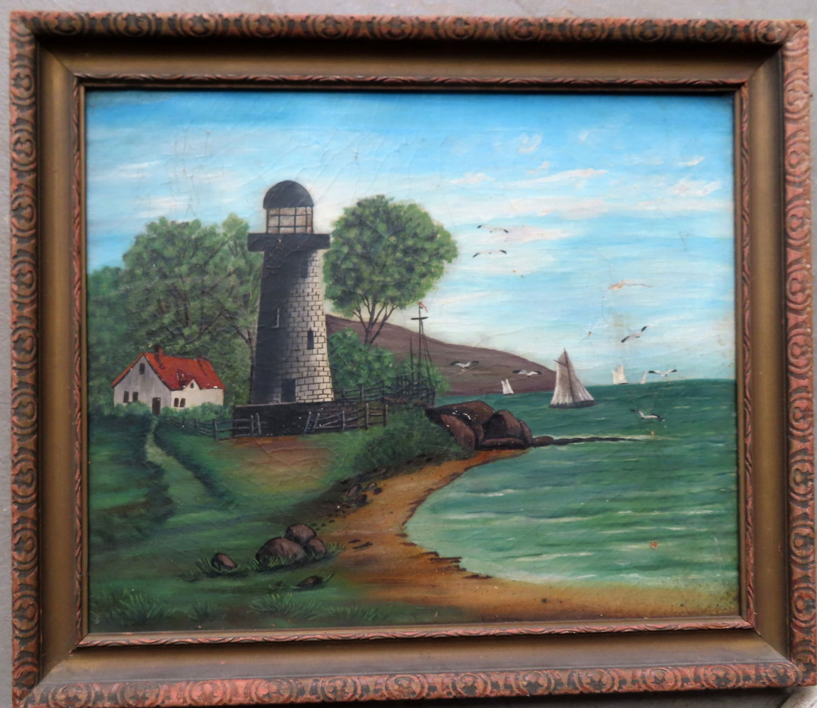 O/C Lighthouse by ocean with sailboats, probably Maine seacoast, late 19th to early 20th century. (1 of 3)