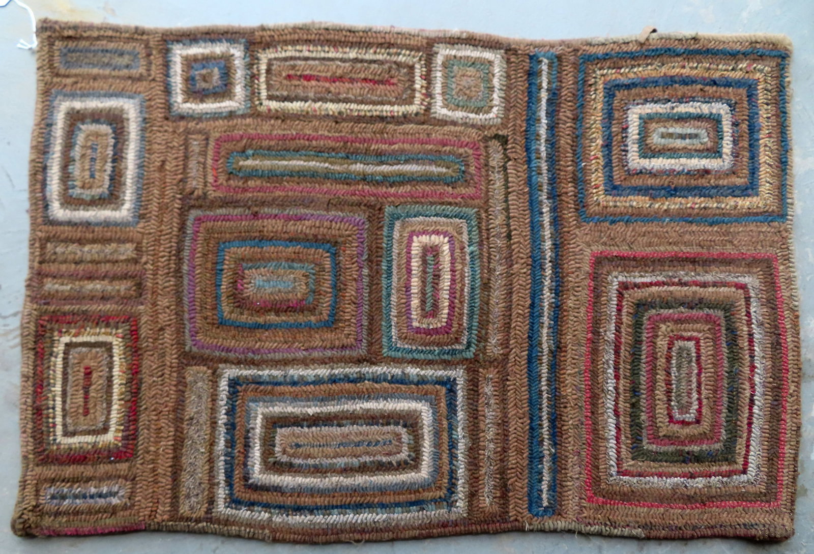 A hooked rug with a log cabin variation design, all wool in very good unused condition, circa (1 of 4)