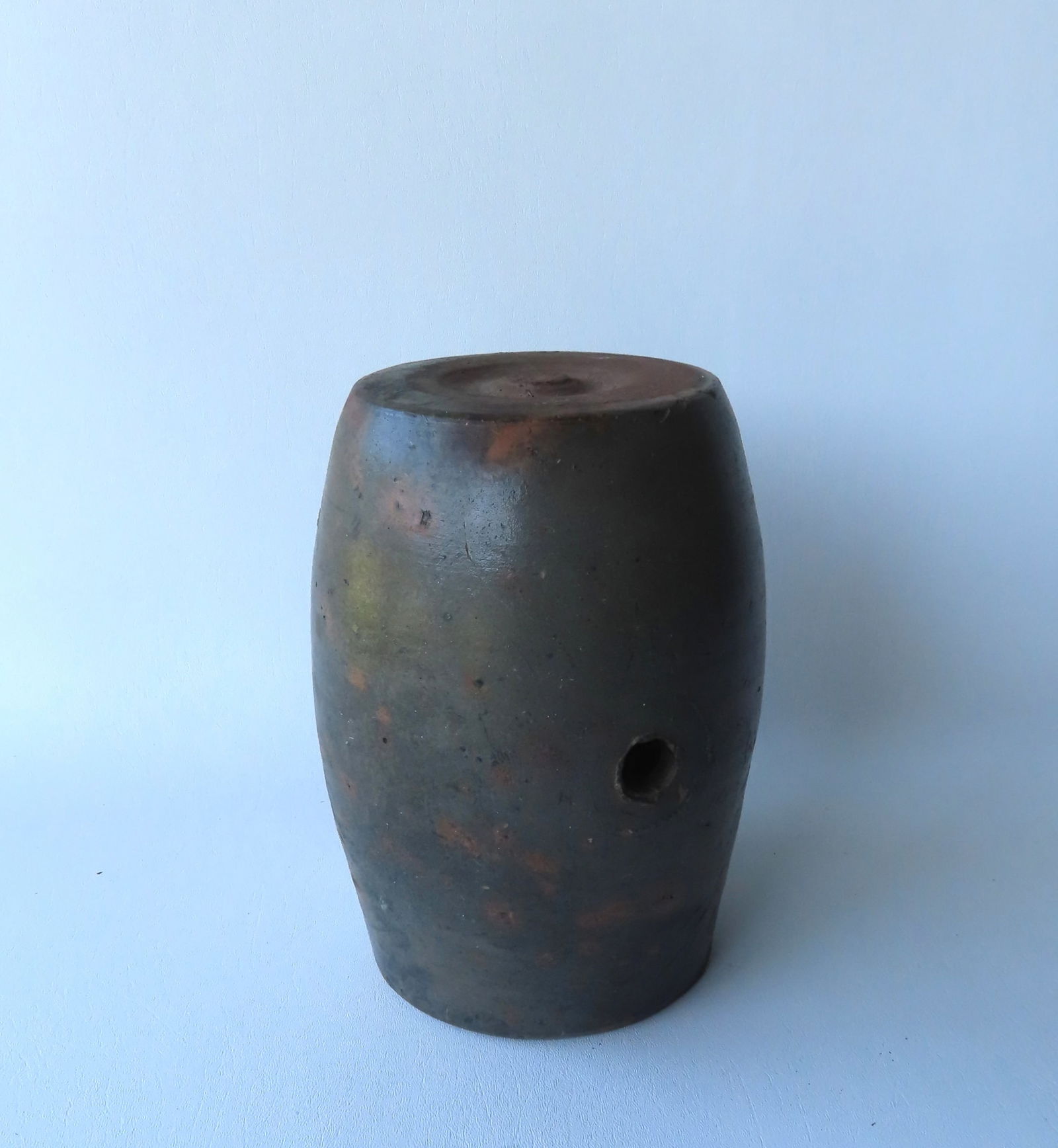 An unusual redware keg with gray colored glaze, and having a faux molded lid with central nob, (1 of 5)