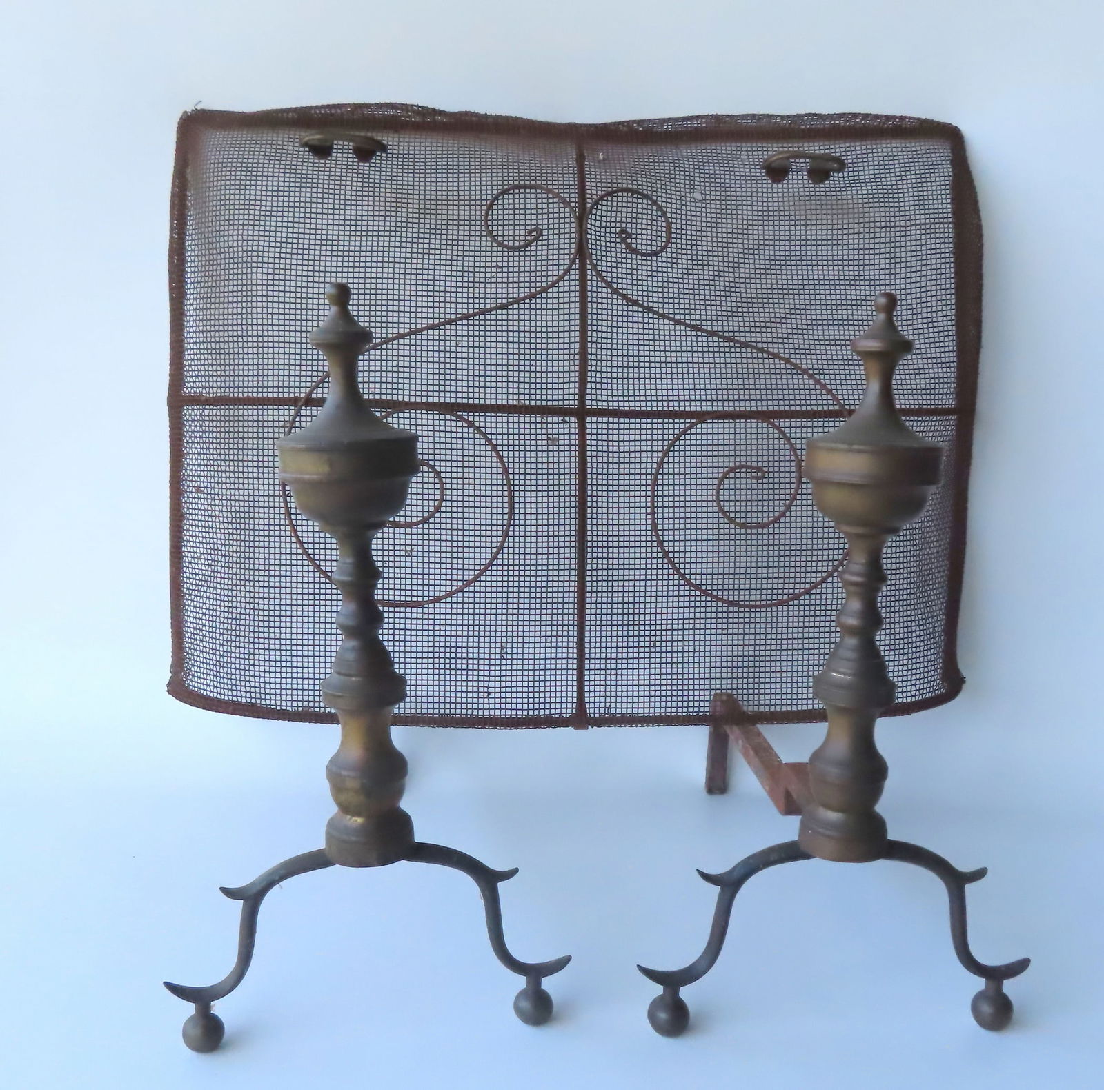 A pair of brass Chippendale andirons, circa 1800 - 16 1/2"H - very good condition; together with a (1 of 7)