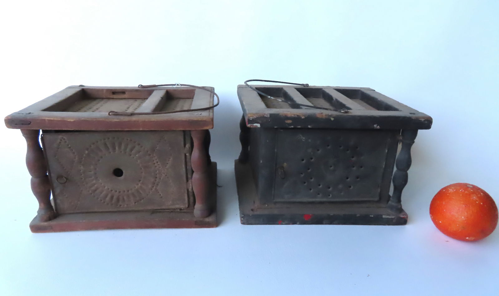 Two primitive pierced tin foot warmers, early to mid 19th century. One in geometric pattern and (1 of 6)