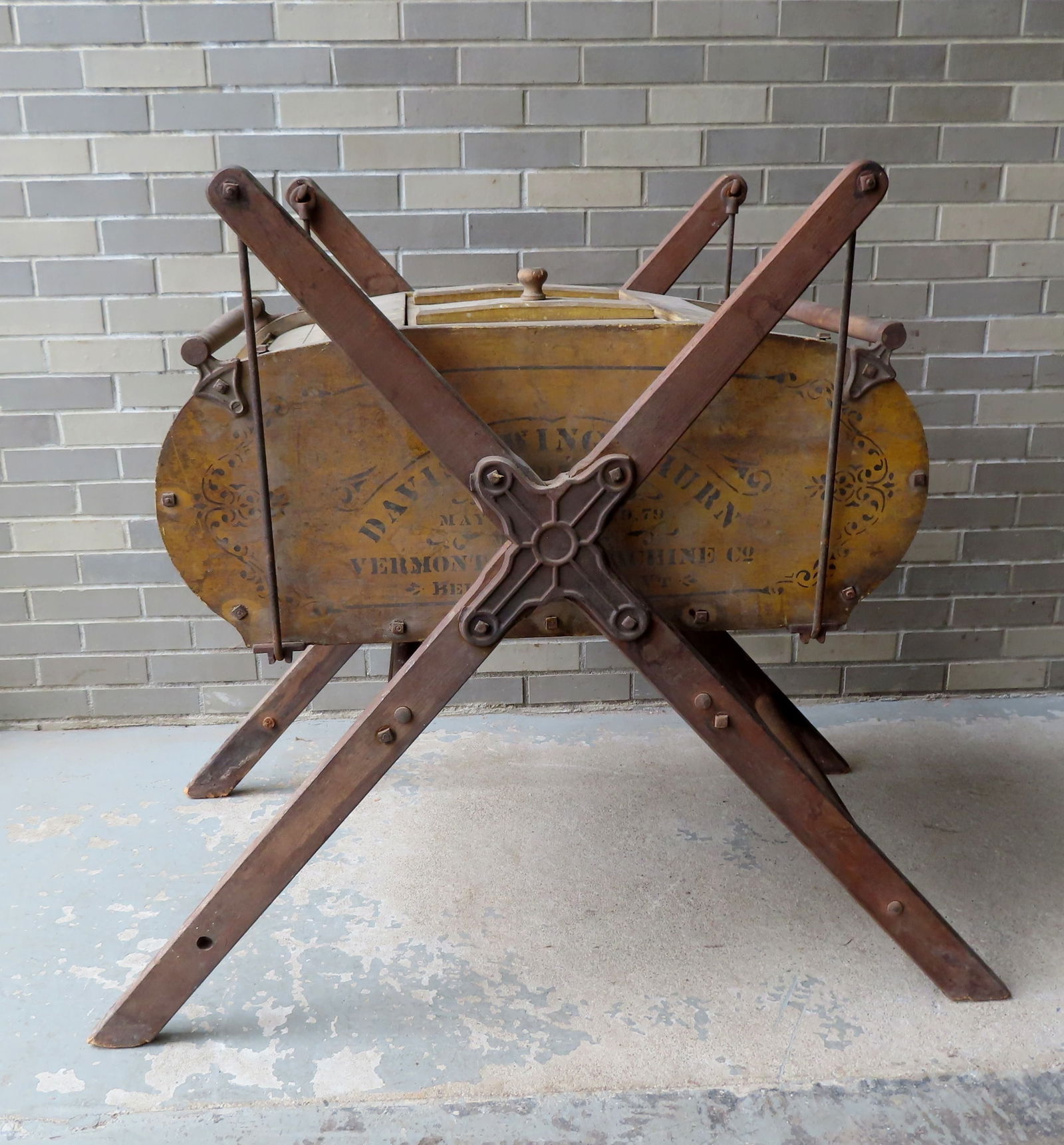 A swing butter churn signed  "Davis Swing Churn No. 5 / Pat'd May 1, '77  Sept. 9, '79 / Vermont (1 of 10)