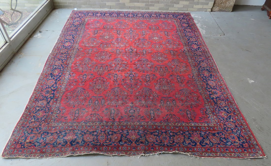 An early oriental room size rug, mid to late 19th century - 8' 4 1/2" x 11' 5". Some worn spots, (1 of 10)