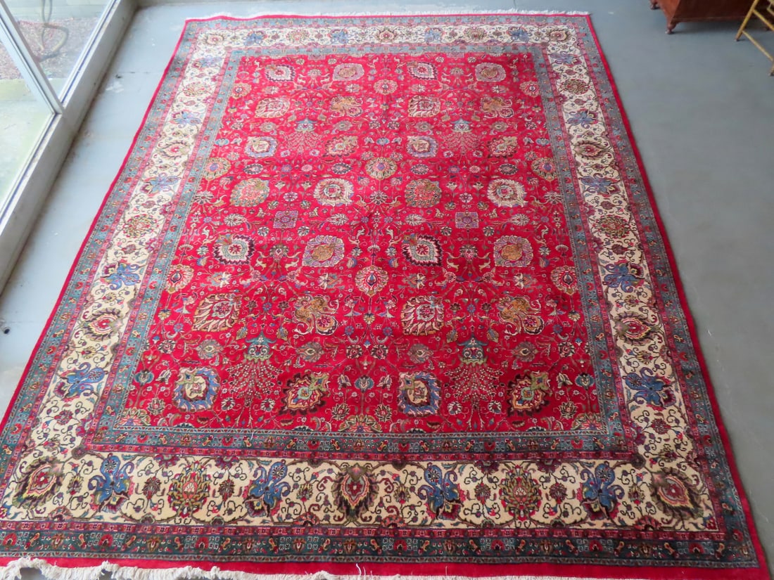 Room size oriental rug, tight hand knotting, very good condition, probably mid 20th century.: Room size oriental rug, tight hand knotting, very good condition, probably mid 20th century. Measures 11' 7" x 14' 9" - retains original cloth label marked "M. Hashempour / Iran". Provenance: From a p