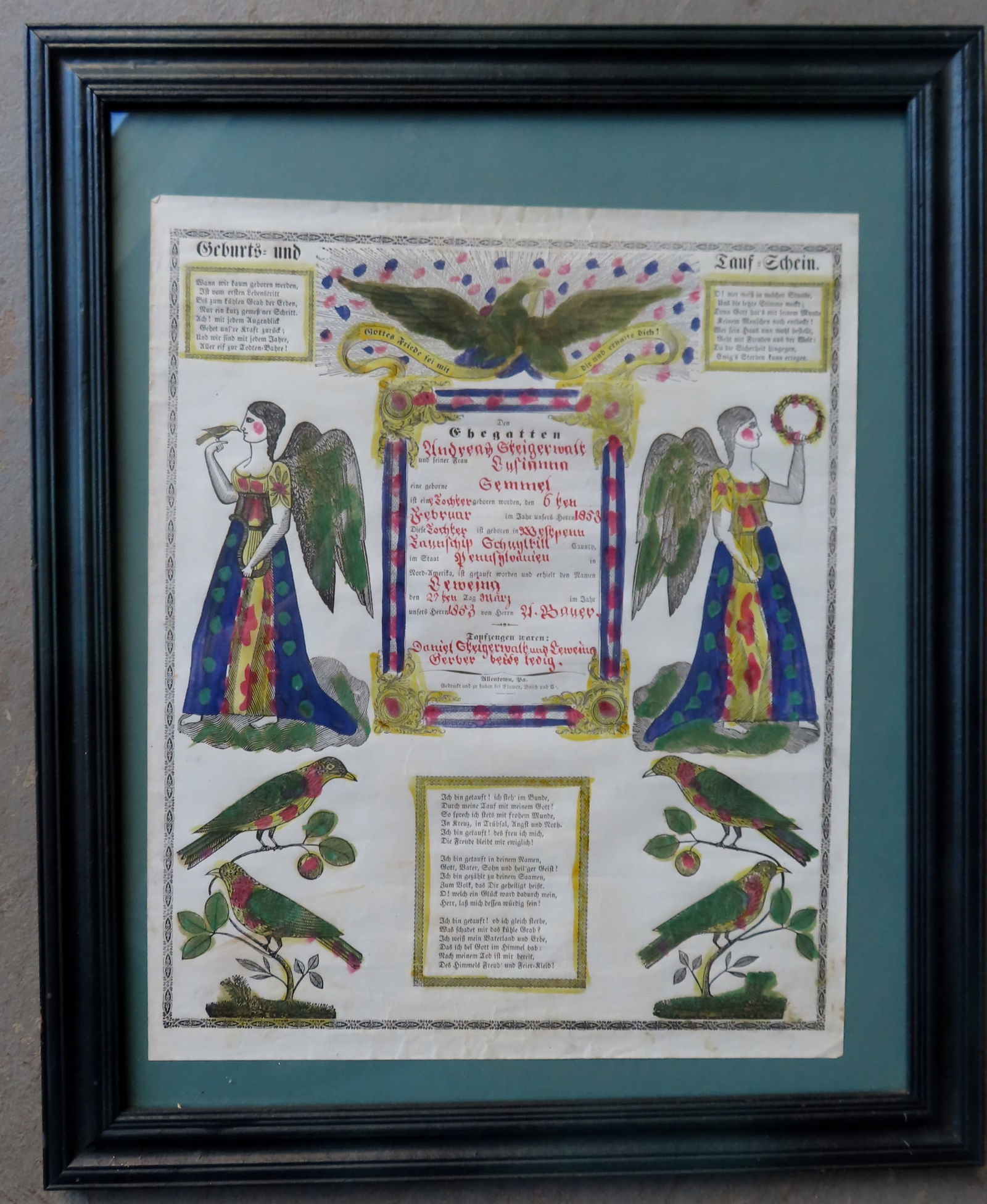 A Pennsylvania hand colored fraktur dated 1853. (1 of 4)