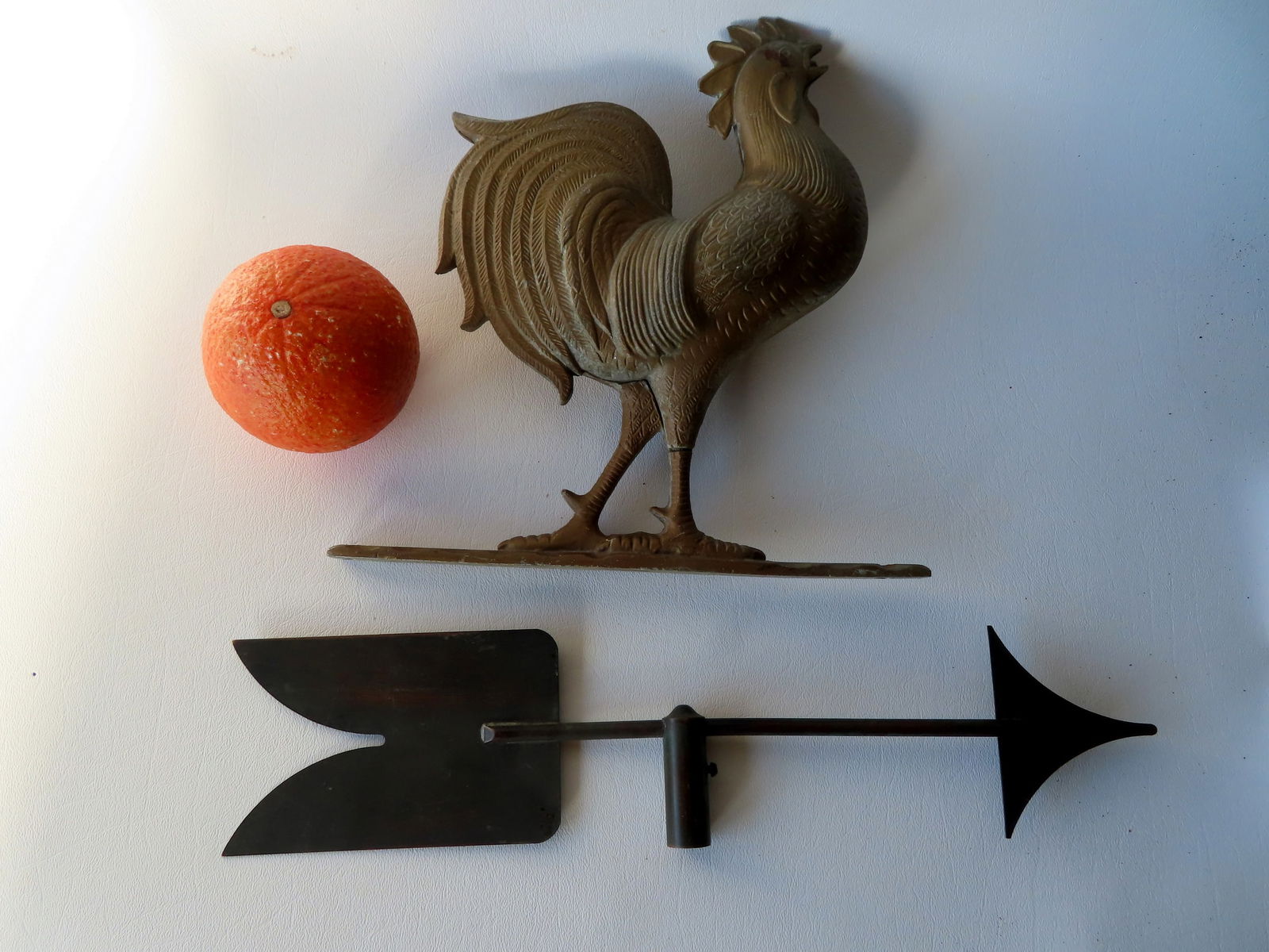 A molded rooster zinc or aluminum weathervane and a copper arrow directional. (1 of 7)