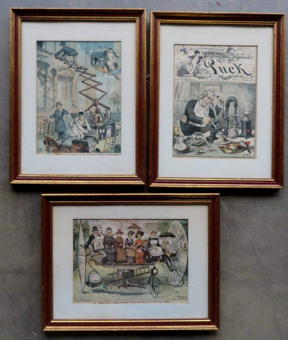 Grouping of 3 framed vintage Puck prints, 1878. (1 of 4)