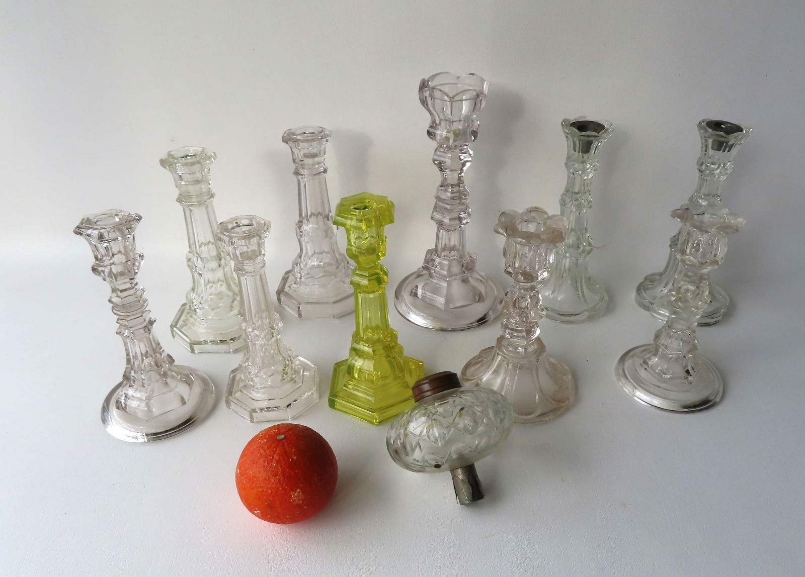 Grouping of mostlly Sandwich glass candlesticks (10). (1 of 16)