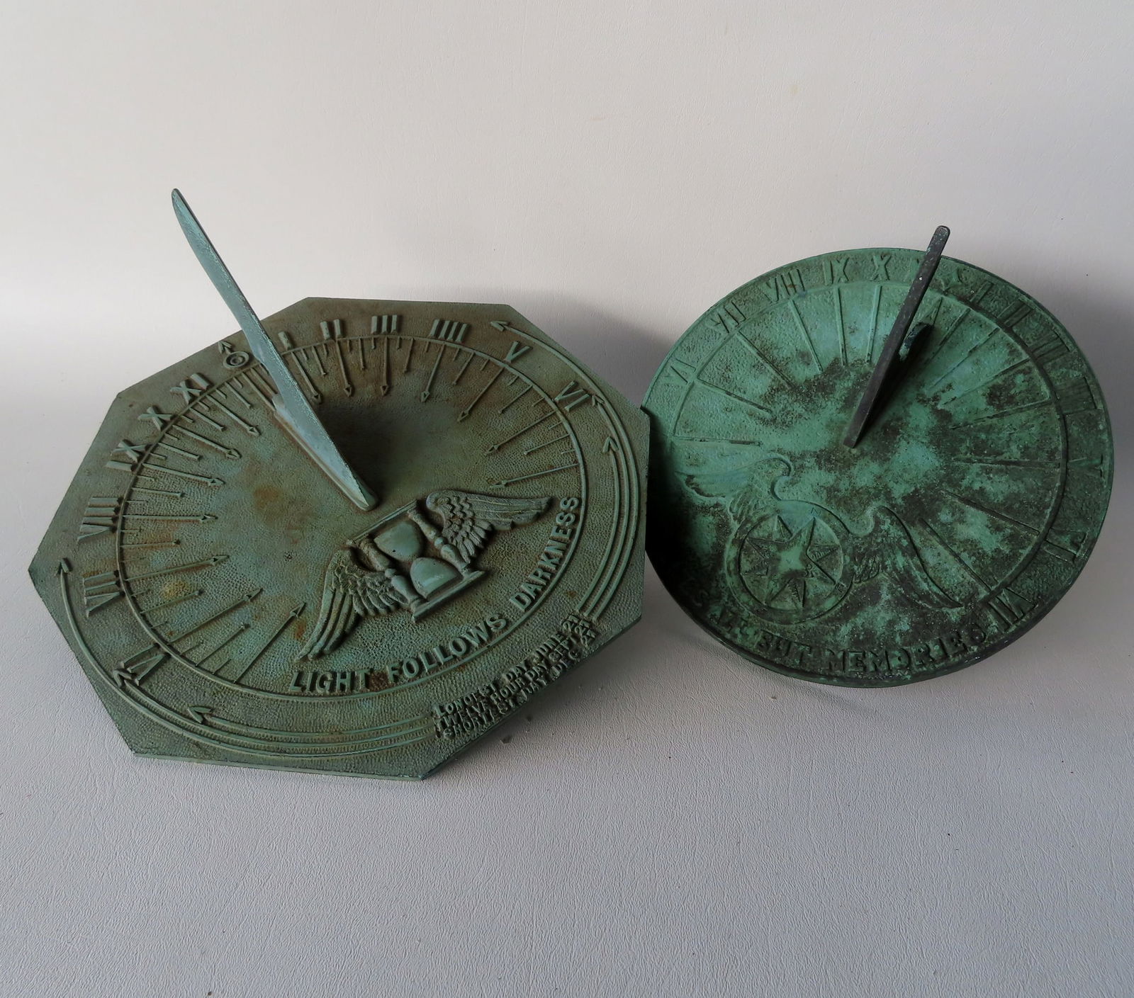 Two bronze sundials. The largest 11" diameter x 7"H. Both circa 1950 and in very good condition.: Two bronze sundials. The largest 11" diameter x 7"H. Both circa 1950 and in very good condition. Provenance: From the Thomas & Gail Rockwell collection, LaGrangeville NY. Tom is the son of the renowne